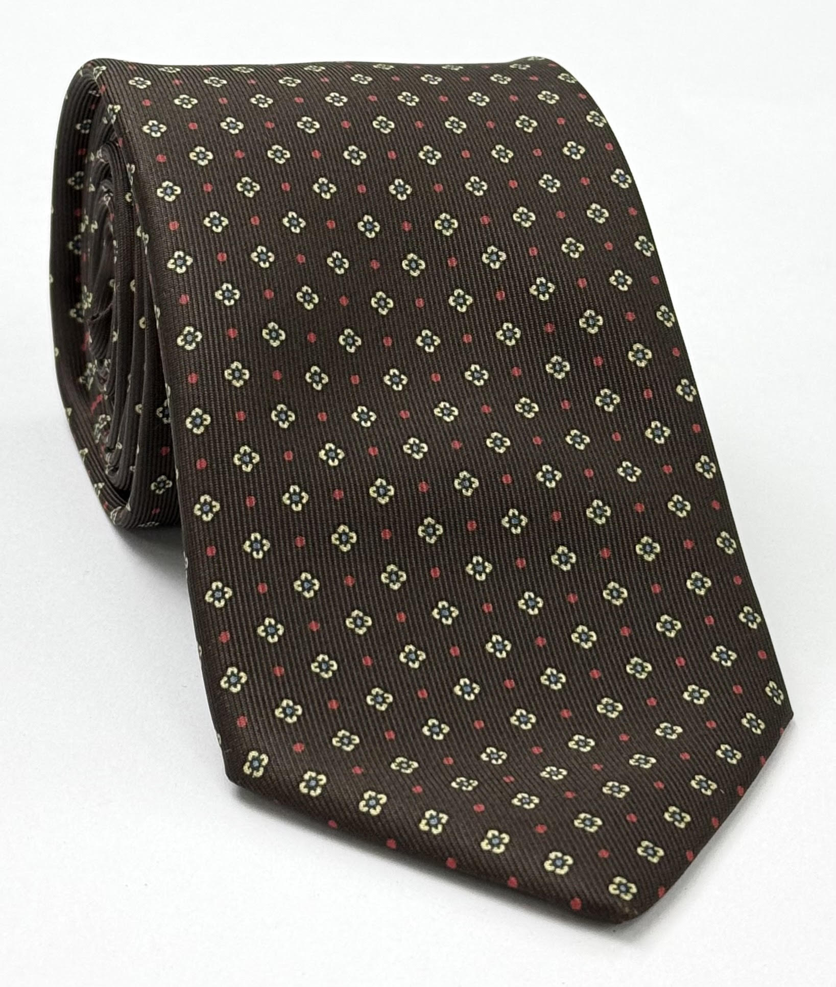 Sky Blue, Red & Light Yellow on Dark Chocolate Macclesfield Print Silk Tie MCT-305