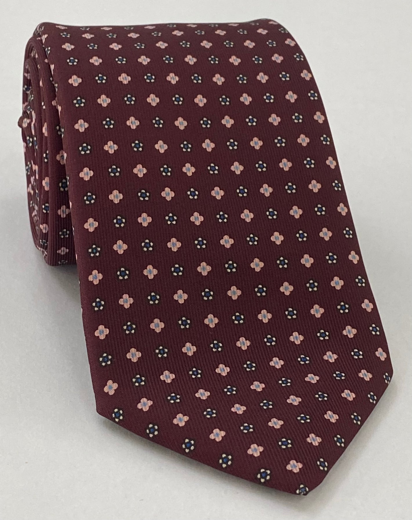 Blue, Off-White & Salmon on Burgundy Macclesfield Print Silk Tie MCT-310