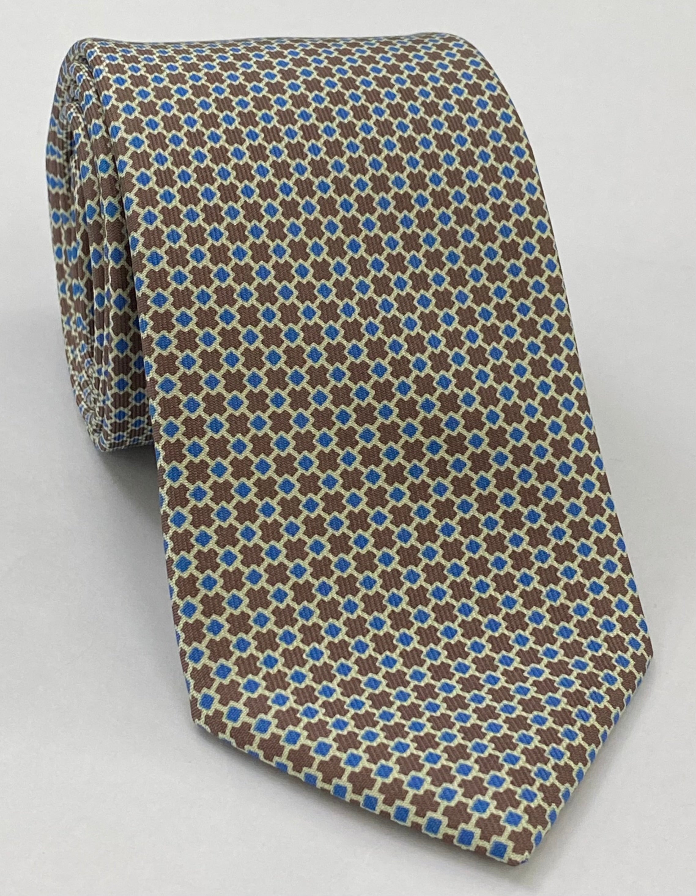Sky Blue & Off-White on Chocolate Macclesfield Print Silk Tie MCT-314