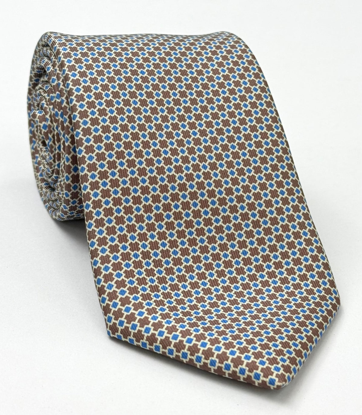 Sky Blue & Off-White on Chocolate Macclesfield Print Silk Tie MCT-314