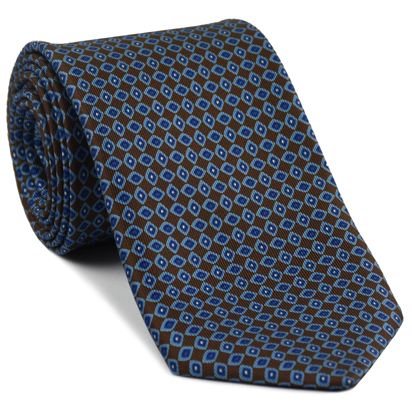 {[en]:Sky Blue, Blue & White on Dark Chocolate Macclesfield Print Silk Tie