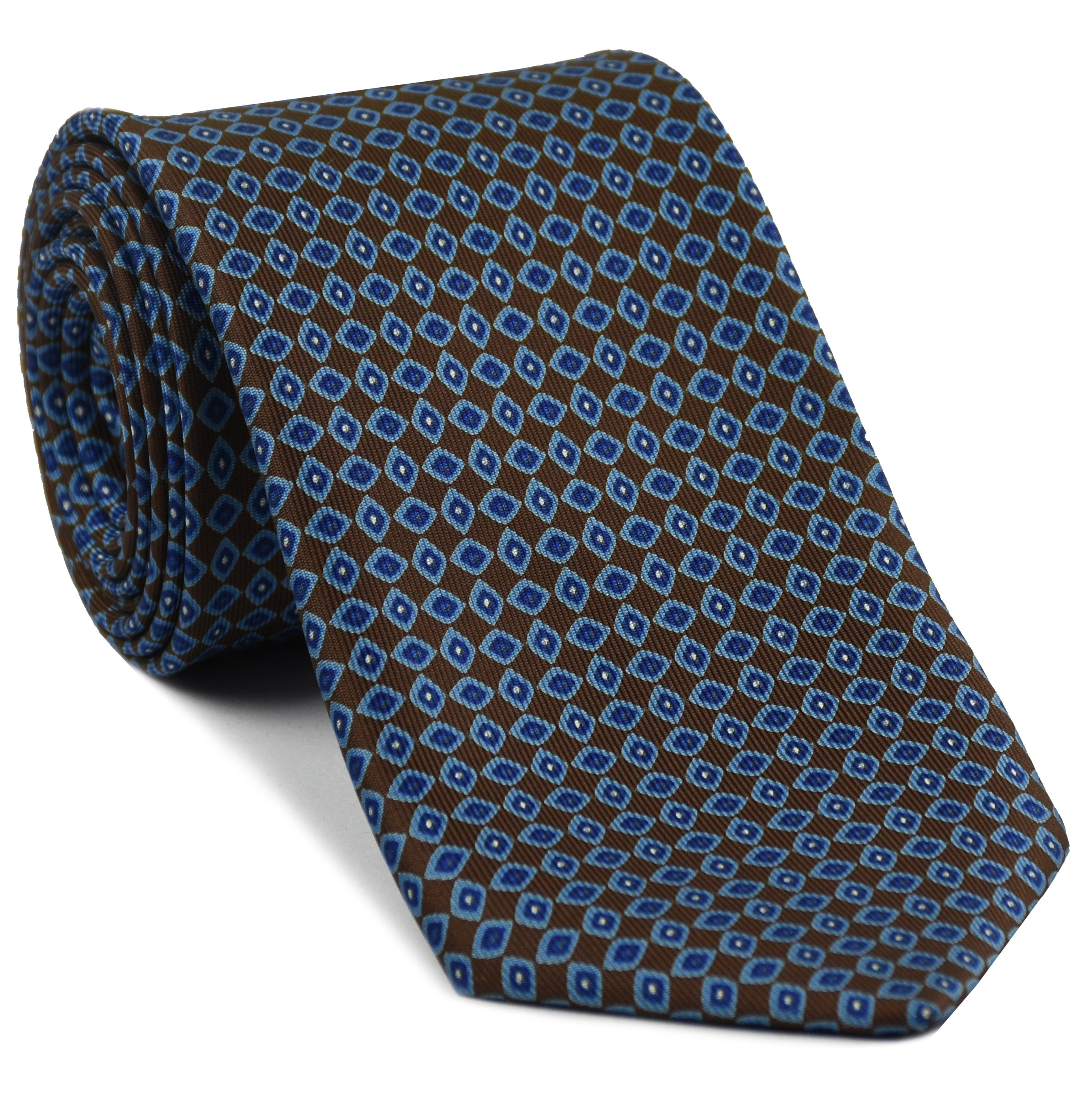 {[en]:Sky Blue, Blue & White on Dark Chocolate Macclesfield Print Silk Tie