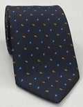 Sky Blue, Orange & Off-White on Midnight Blue Macclesfield Printed Silk Tie MCT-32
