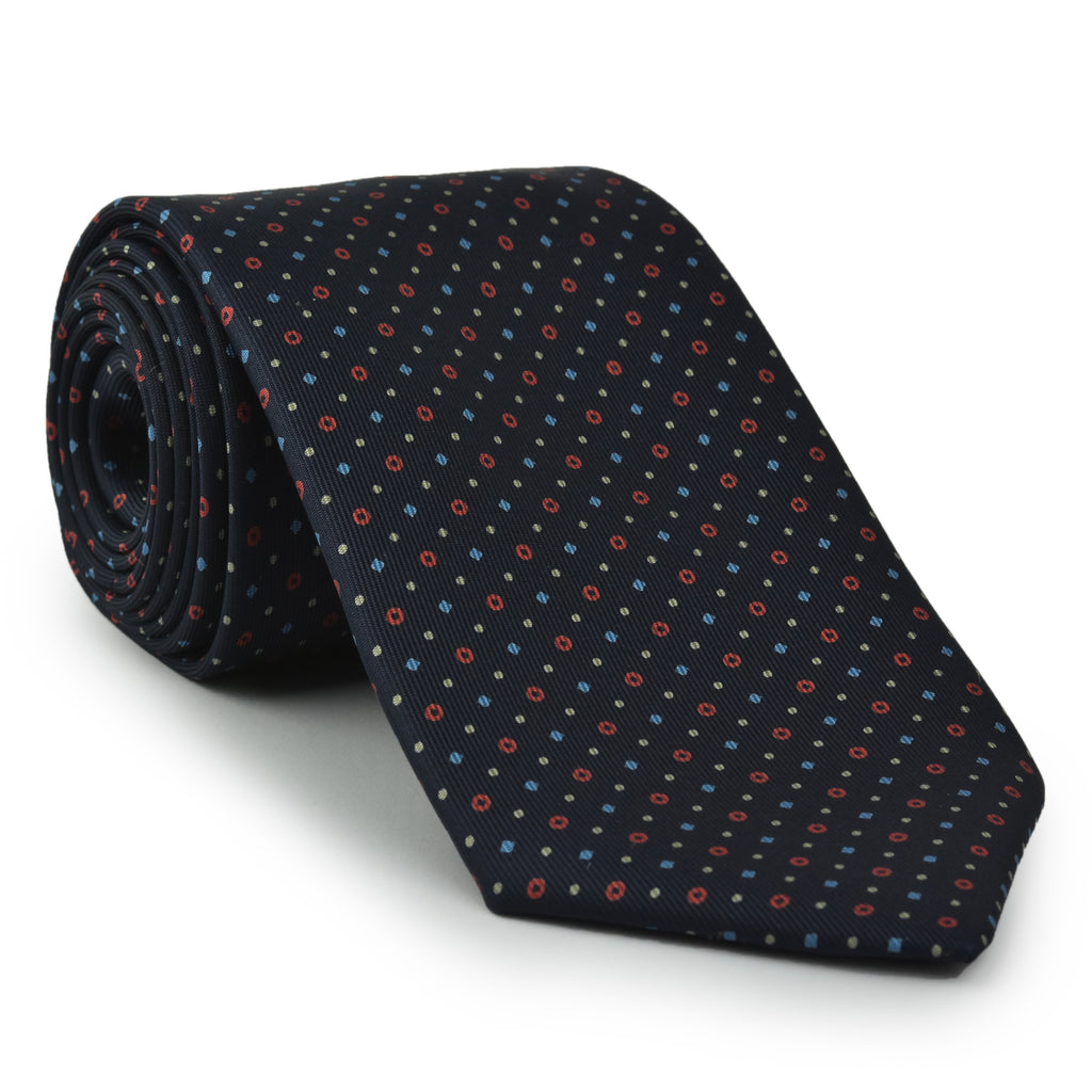 {[en]:Sky Blue, Red & White on Midnight Blue Macclesfield Print Silk Tie