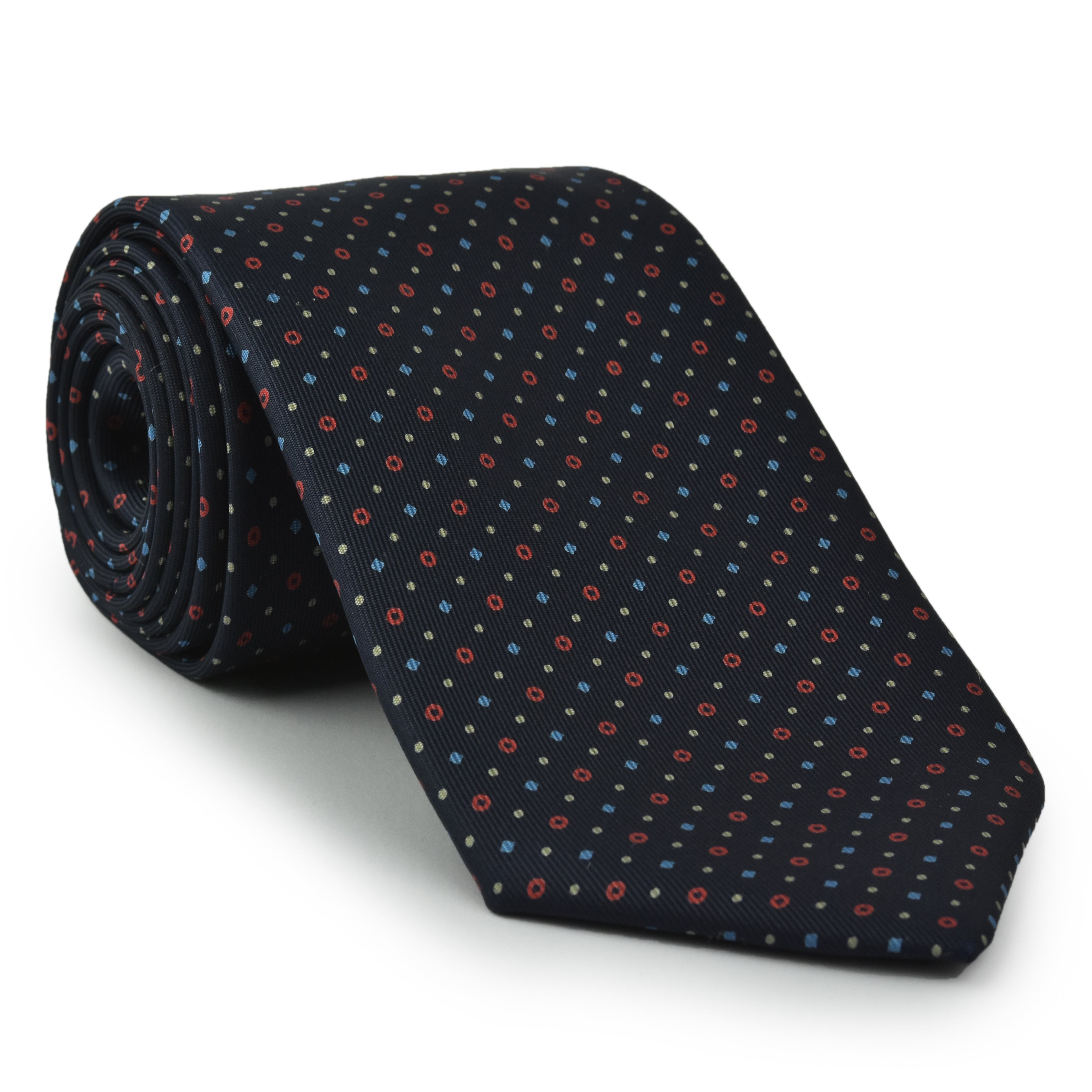{[en]:Sky Blue, Red & White on Midnight Blue Macclesfield Print Silk Tie