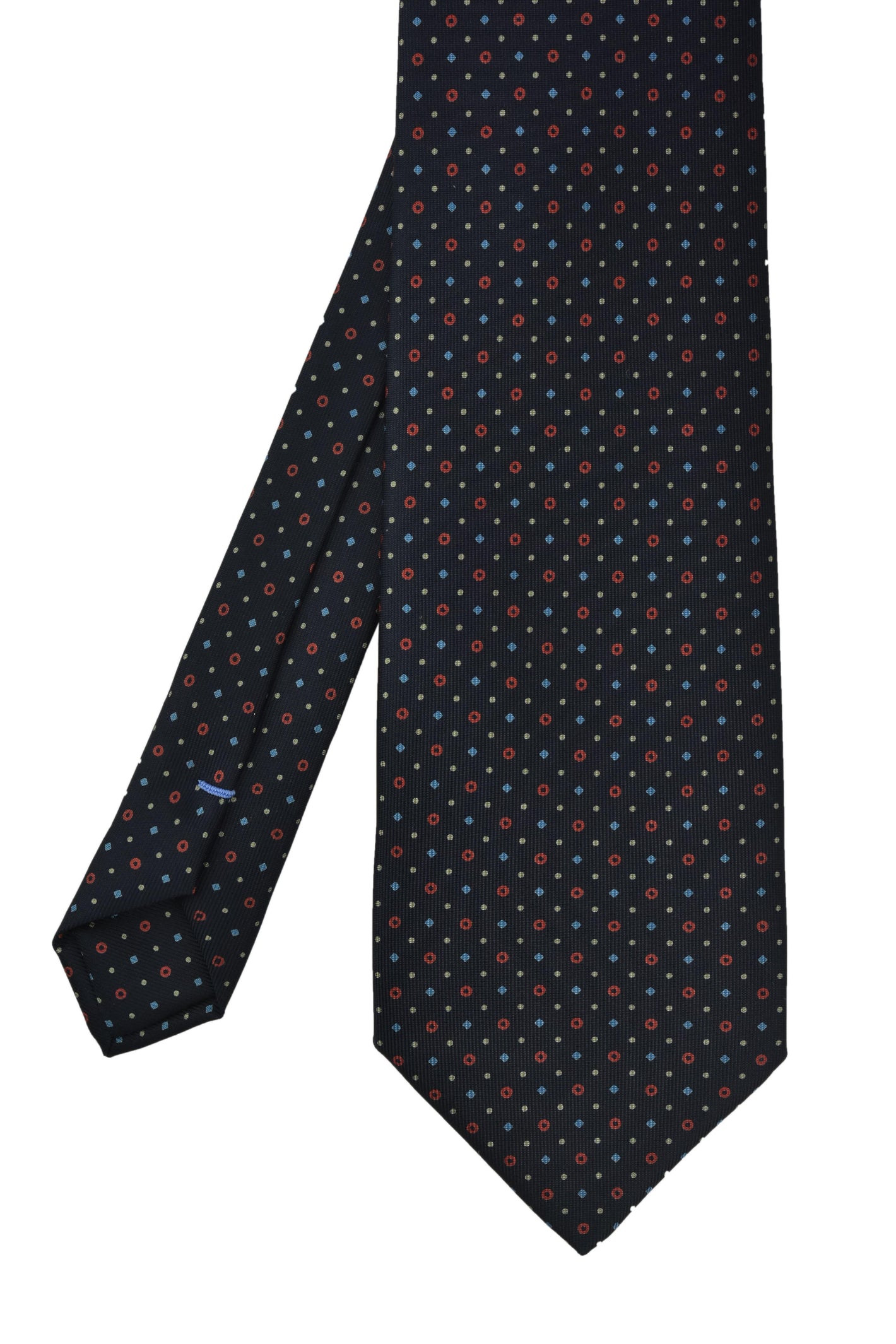{[en]:Sky Blue, Red & White on Midnight Blue Macclesfield Print Silk Tie