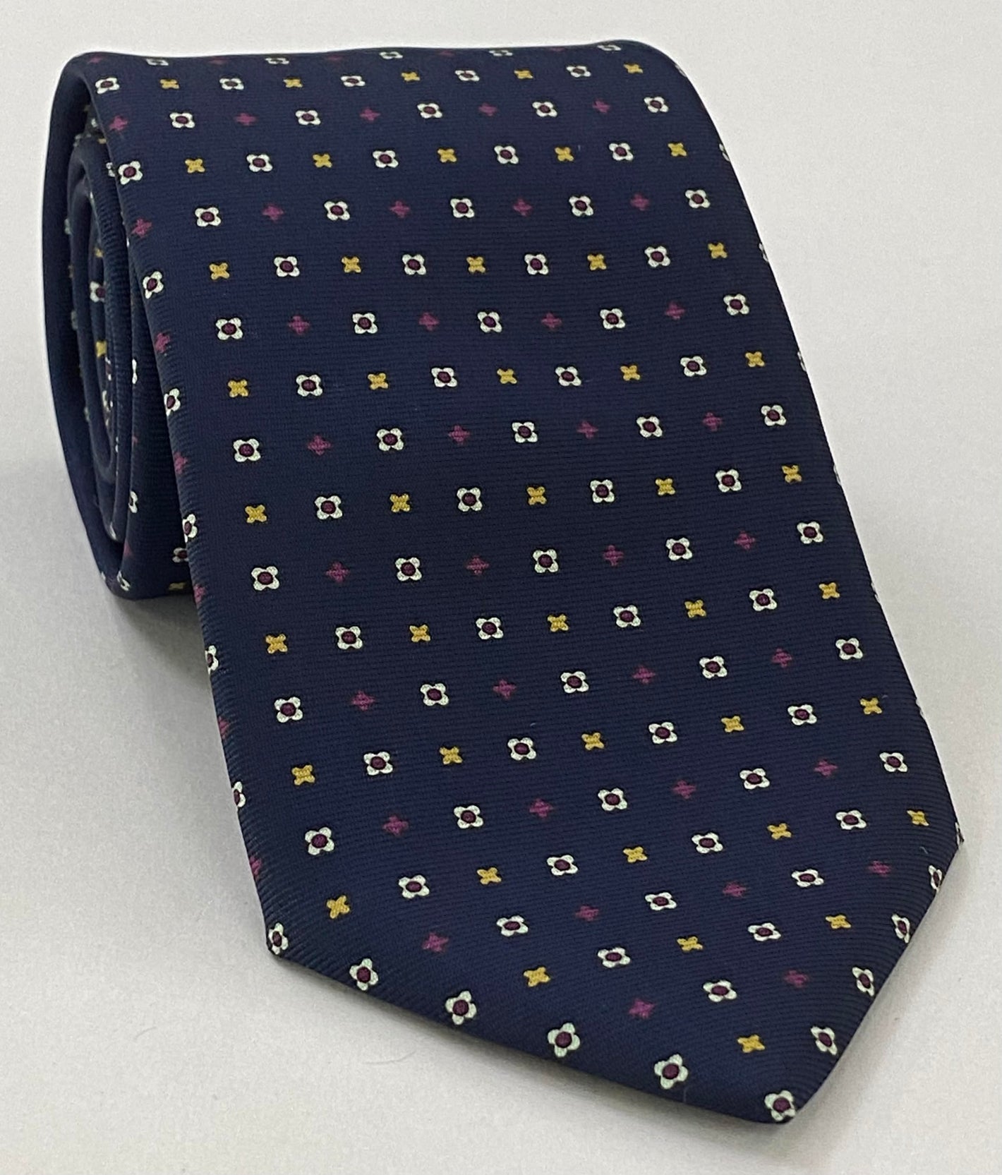 Yellow Gold, Purple & White on Midnight Blue Macclesfield Print Silk Tie MCT-325