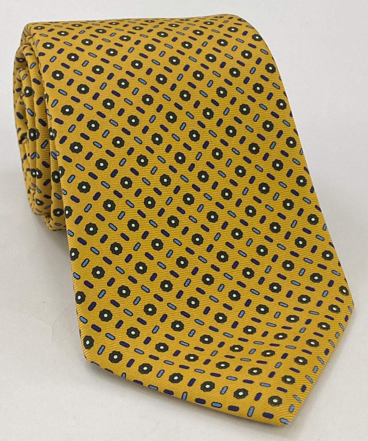 Forest Green, Royal Blue, Sky Blue & White on Yellow Gold Macclesfield Print Silk Tie MCT-330