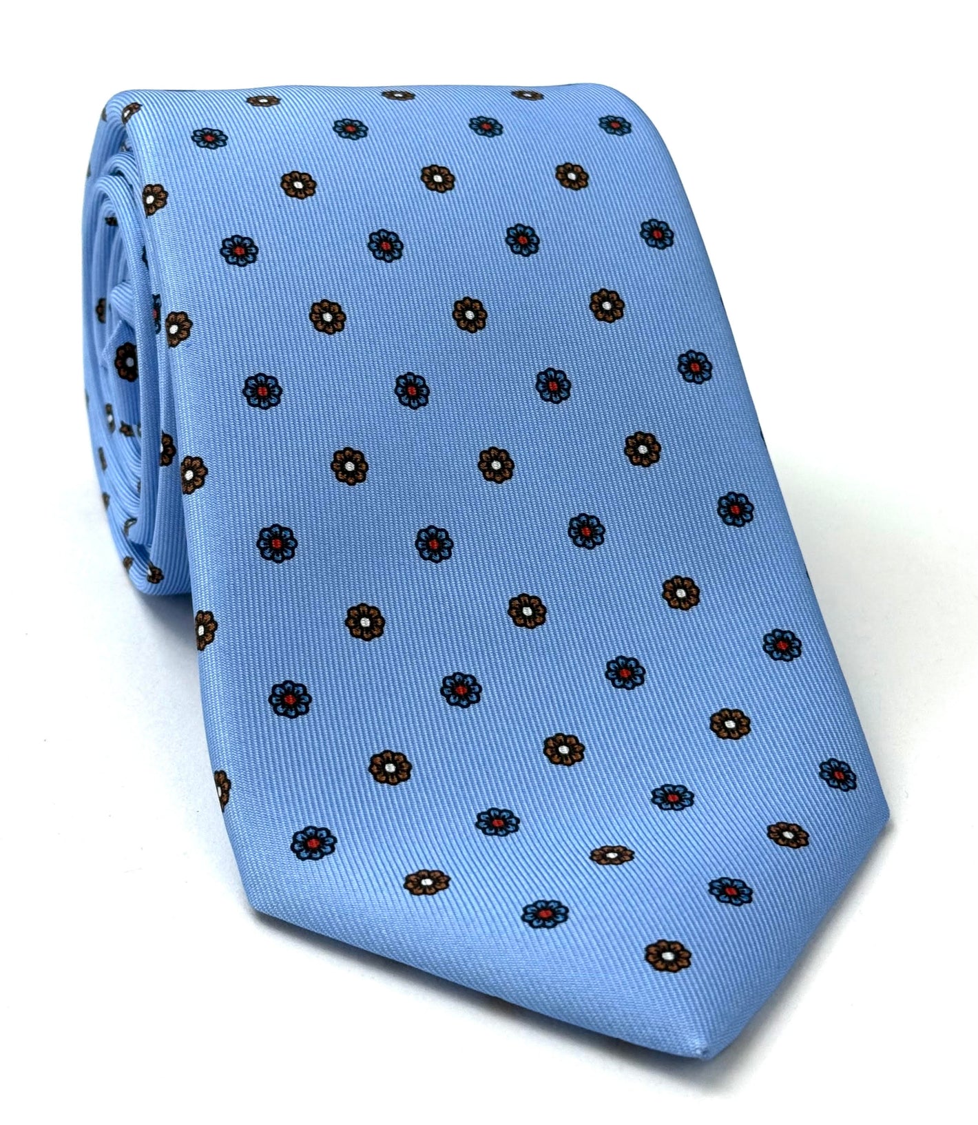 Red, Light Blue & White on Sky Blue Macclesfield Print Silk Tie MCT-332