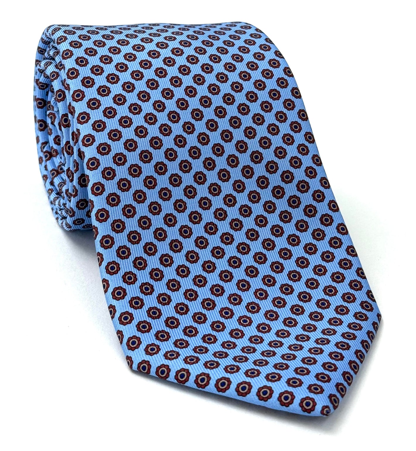 하늘색 바탕에 레드, 로열 블루, 소프트 핑크 프린트 실크 타이 MCT-333 3단 접기만 가능