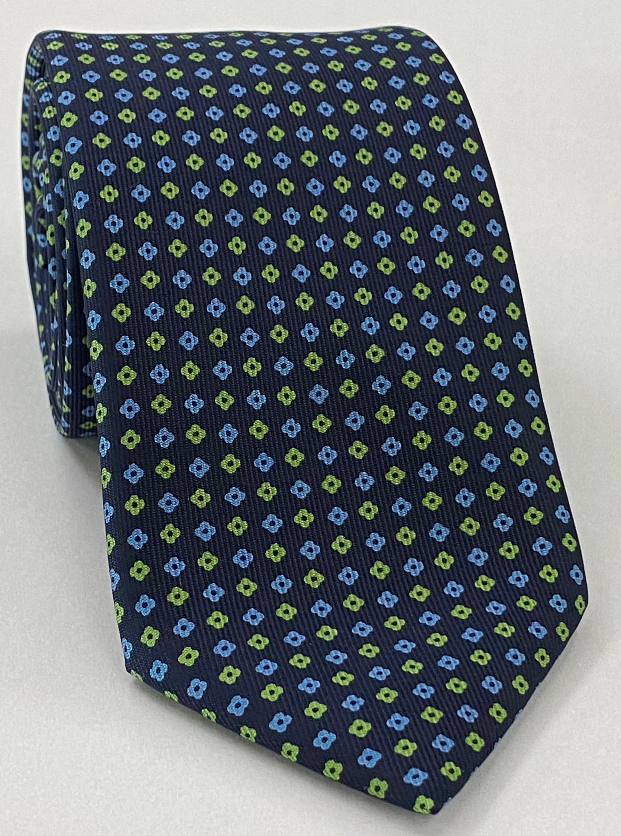 Sky Blue & Lime Green on Midnight Blue Macclesfield Print Silk Tie MCT-334