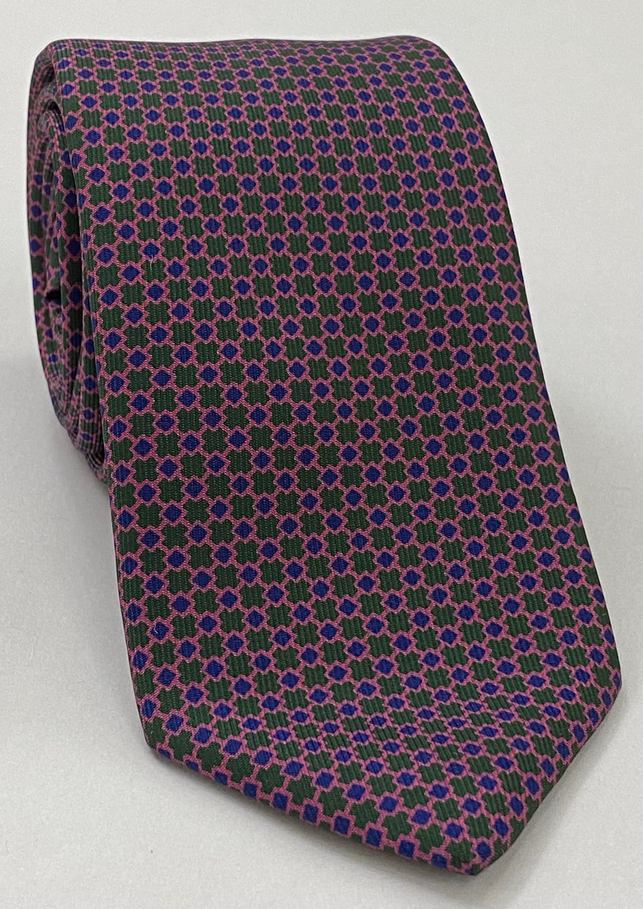 Royal Blue & Pink on Forest Green Macclesfield Print Silk Tie MCT-338