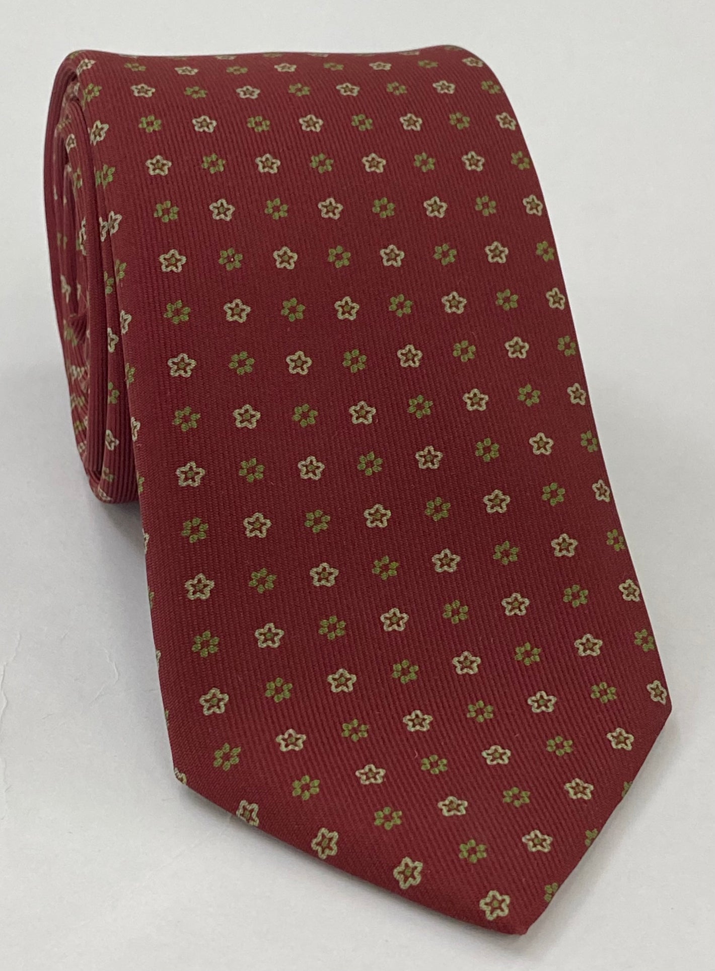 Olive Green & White on Burgundy Macclesfield Print Silk Tie MCT-340