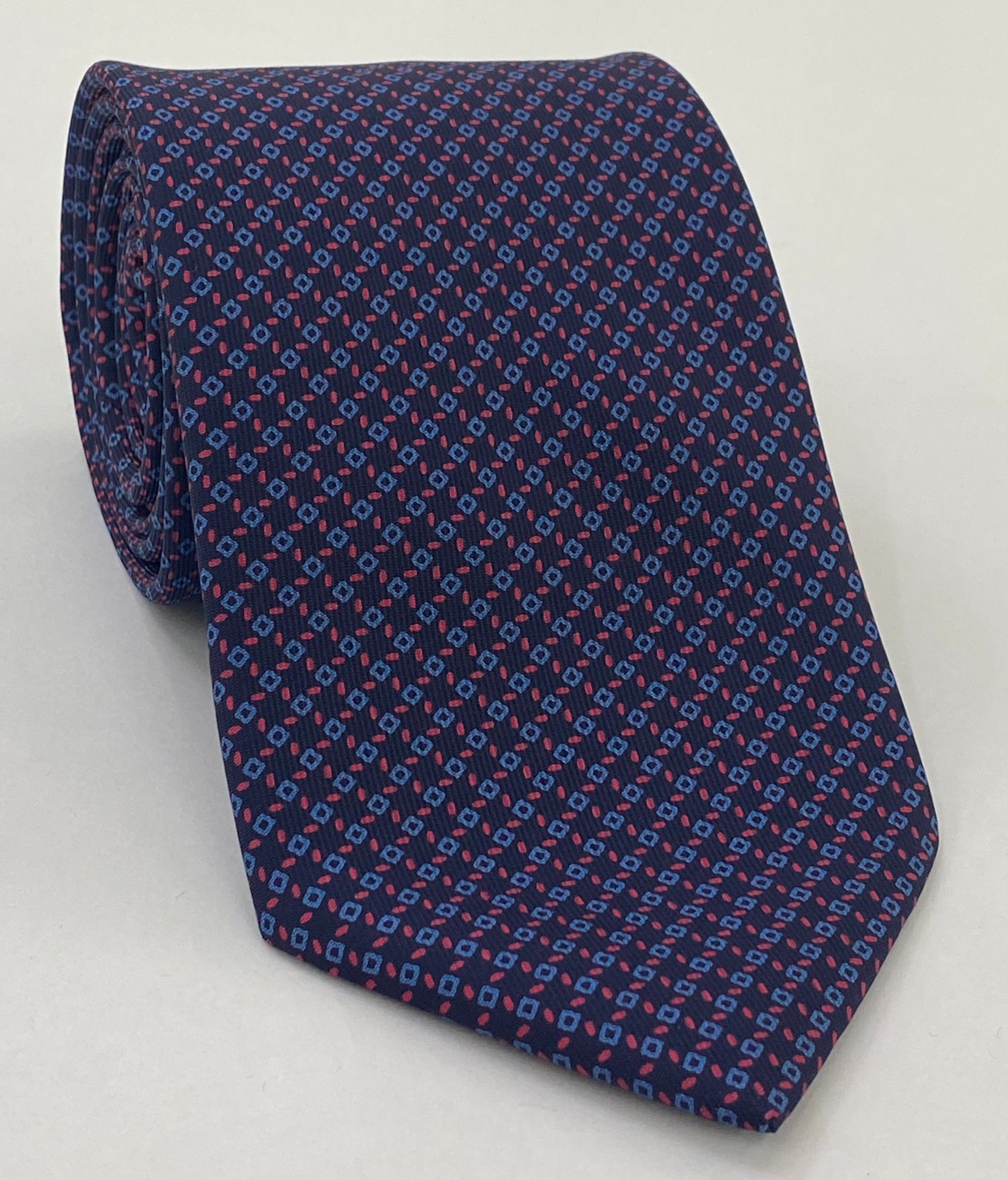 Sky Blue & Red on Midnight Blue Macclesfield Print Silk Tie MCT-344