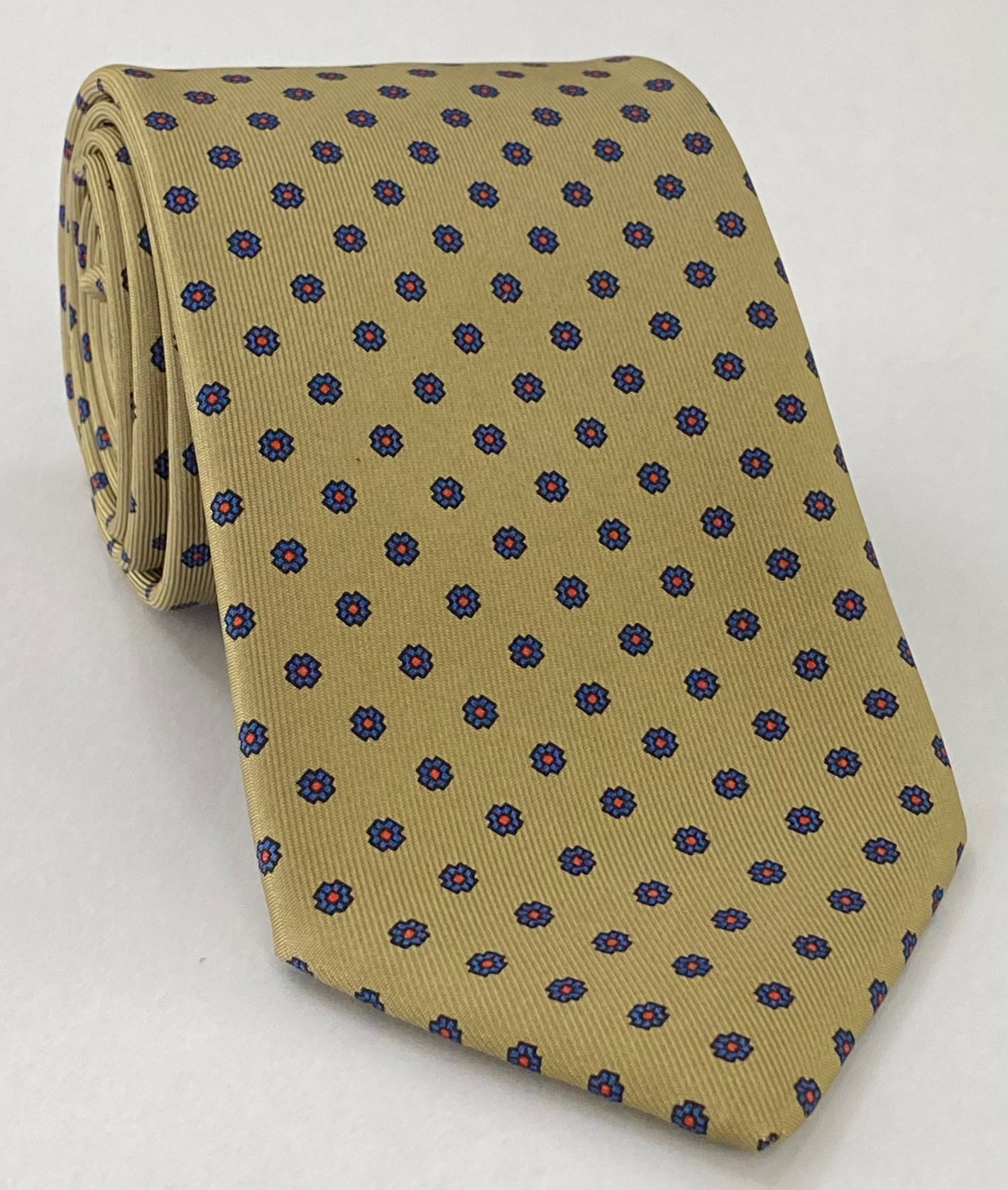 Blue & Mandarin on Khaki Macclesfield Print Pattern Silk Tie MCT-347