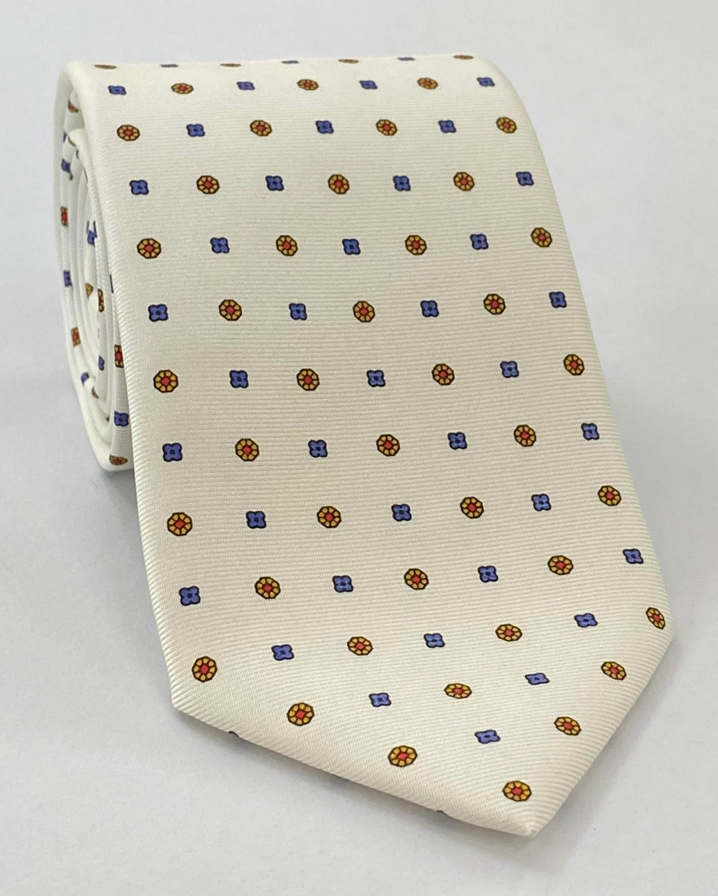 Sky Blue, Yellow Gold & Orange on Ivory White Macclesfield Print Pattern Silk Tie MCT-349