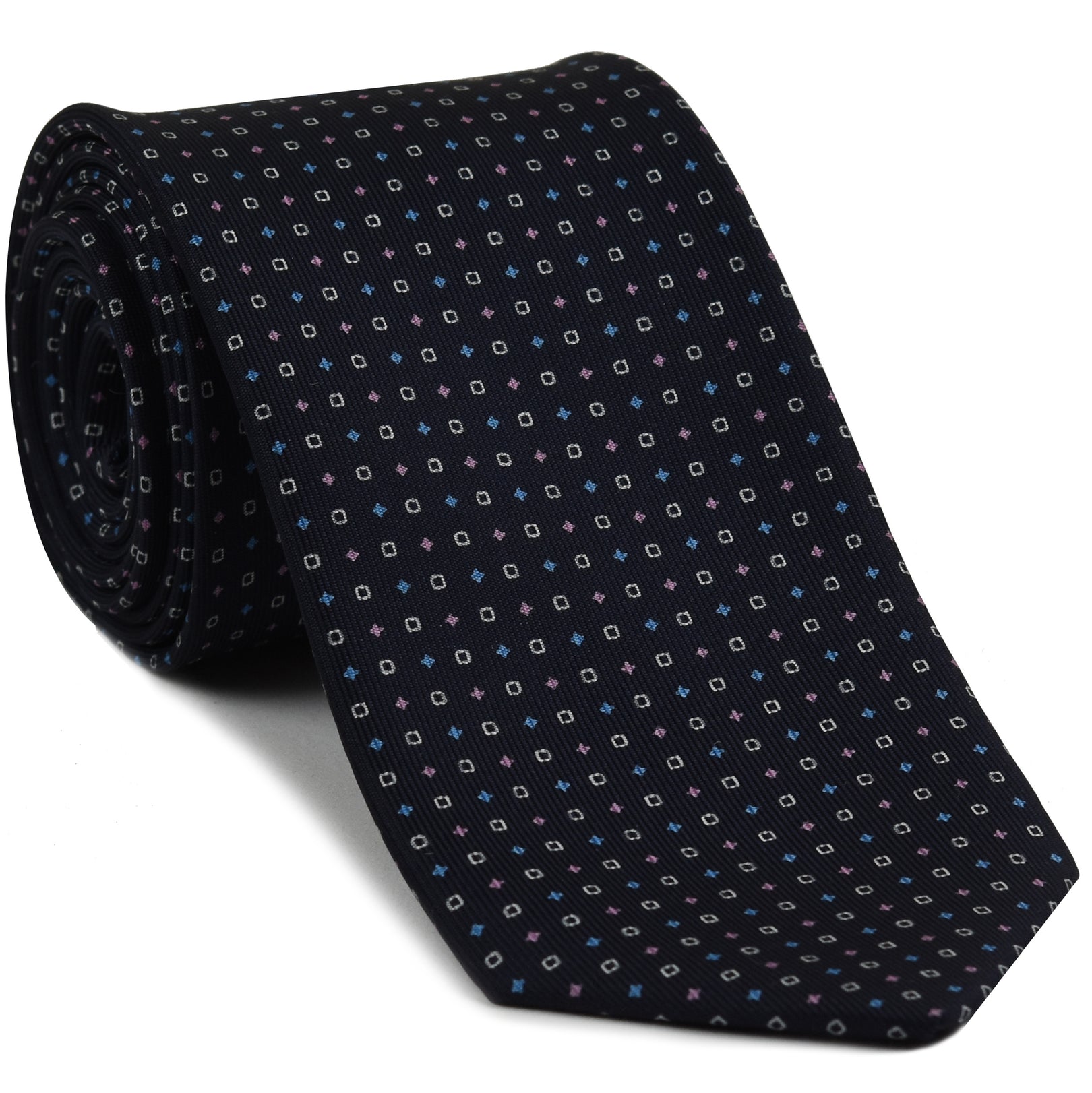 {[en]:Sky Blue, Pale Pink & White on Dark Navy Blue Macclesfield Print Silk Tie