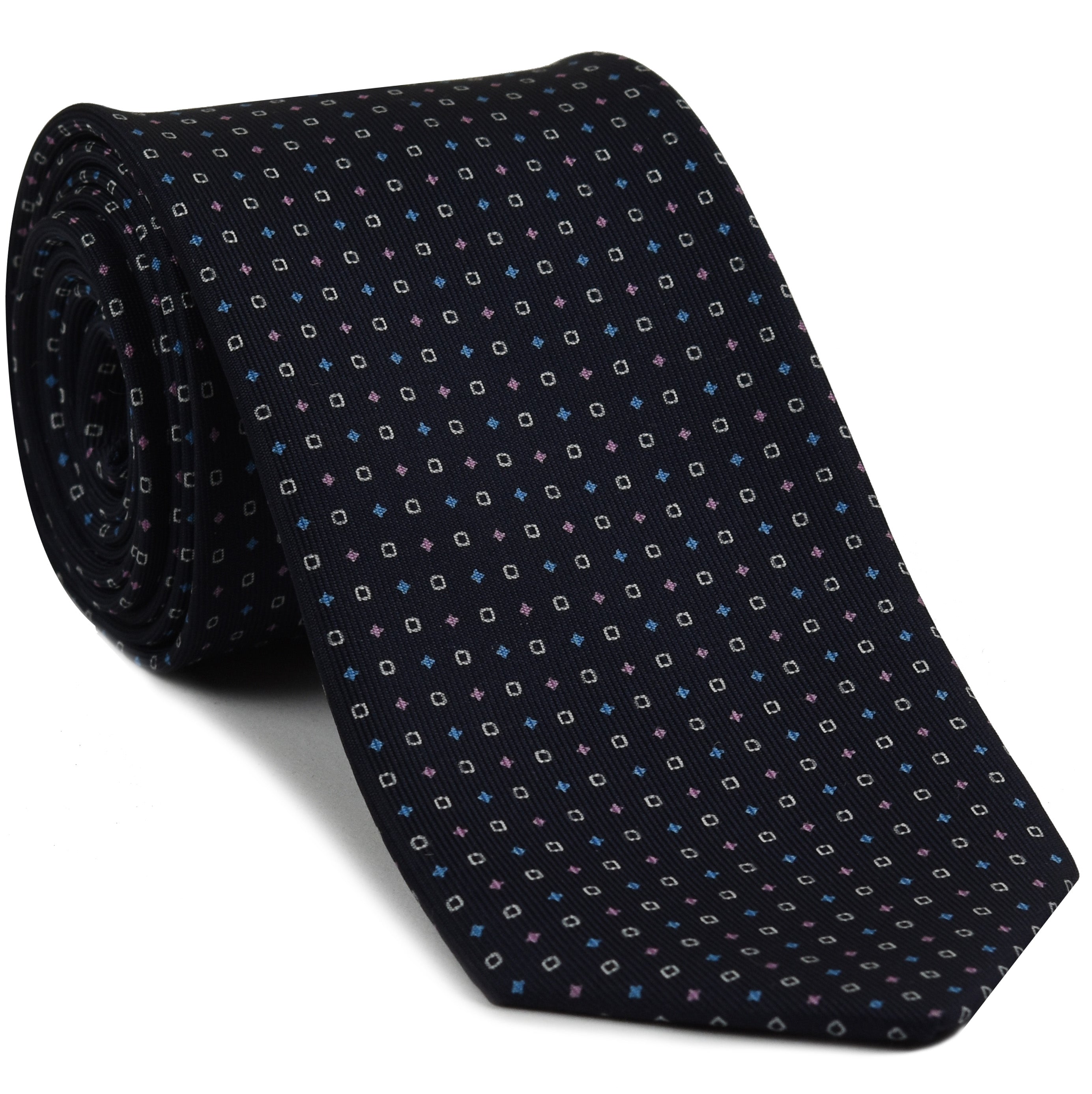 {[en]:Sky Blue, Pale Pink & White on Dark Navy Blue Macclesfield Print Silk Tie