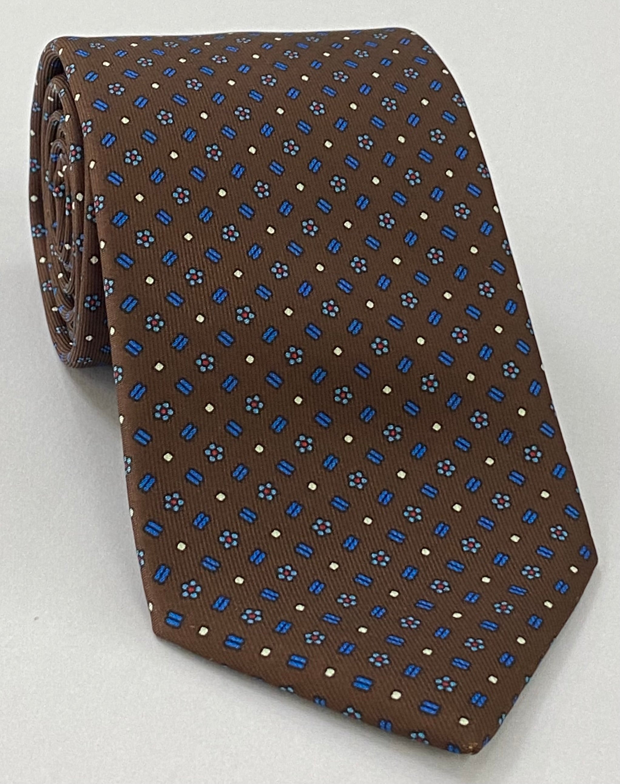 Powder Blue, Off-White & Red on Chocolate Macclesfield Print Pattern Silk Tie MCT-353