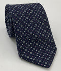 Sky Blue, Off-White, Corn Yellow, Fuchsia on Midnight Blue Macclesfield Print Pattern Silk Tie MCT-354