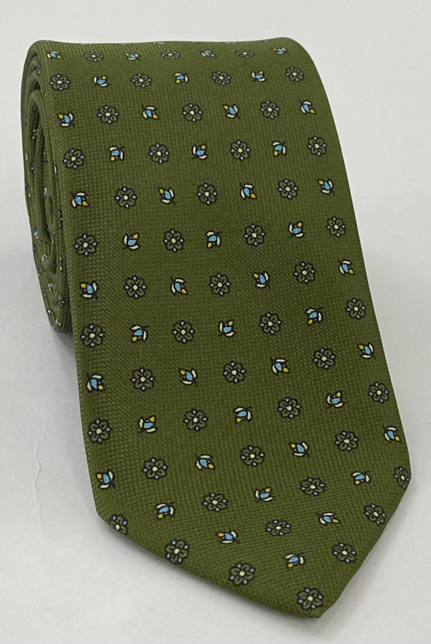 Sky Blue, Yellow Gold & Off-White on Olive Green Macclesfield Print Pattern Silk Tie MCT-362