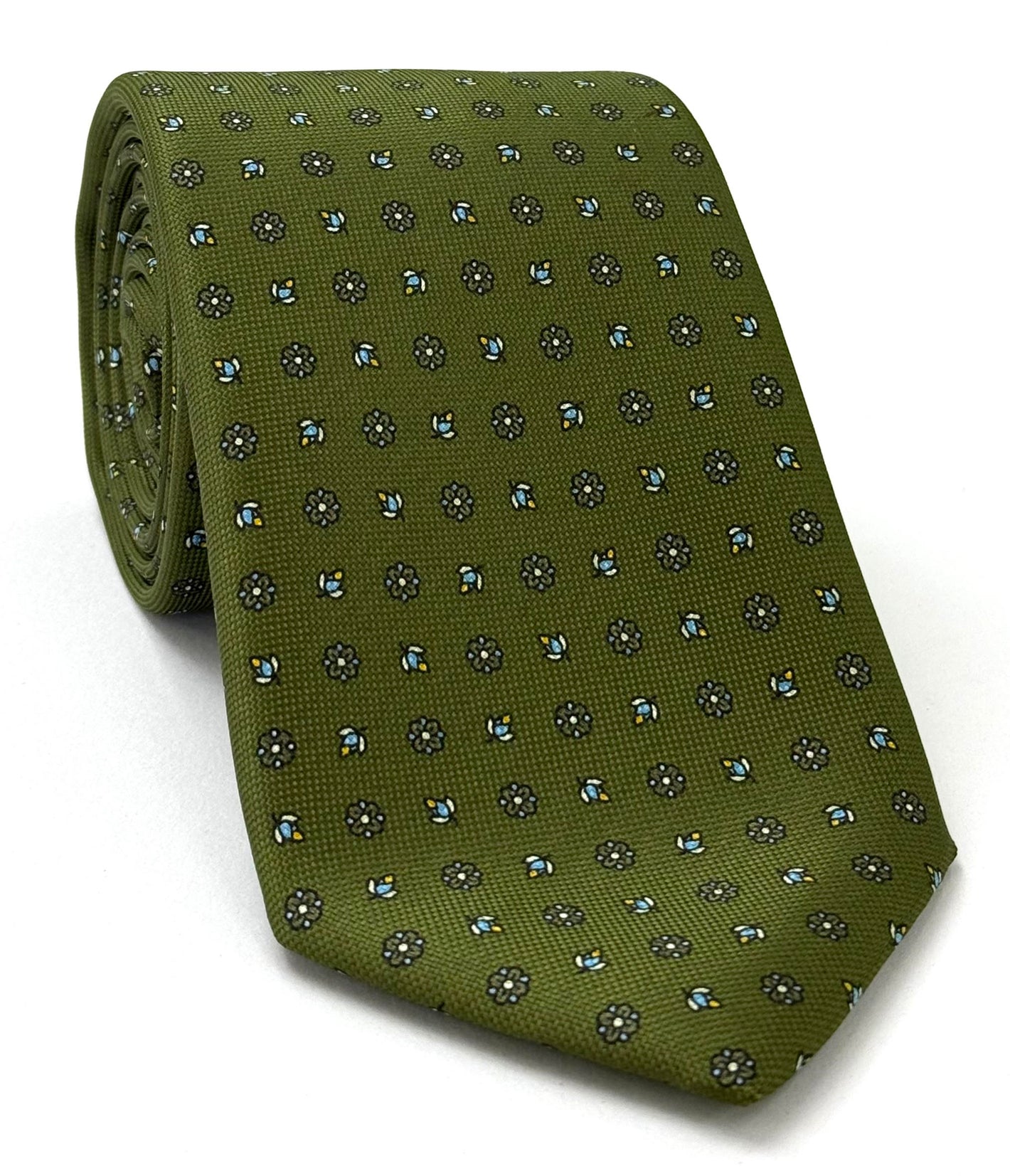 天藍色、黃金及米白色於橄欖綠色麥克爾斯菲爾德印花圖案絲綢領帶 MCT-362