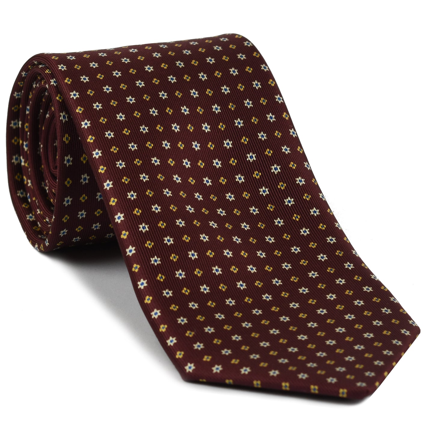 Blue, Off-White & Yellow on Burgundy Macclesfield Print Pattern Silk Tie MCT-363