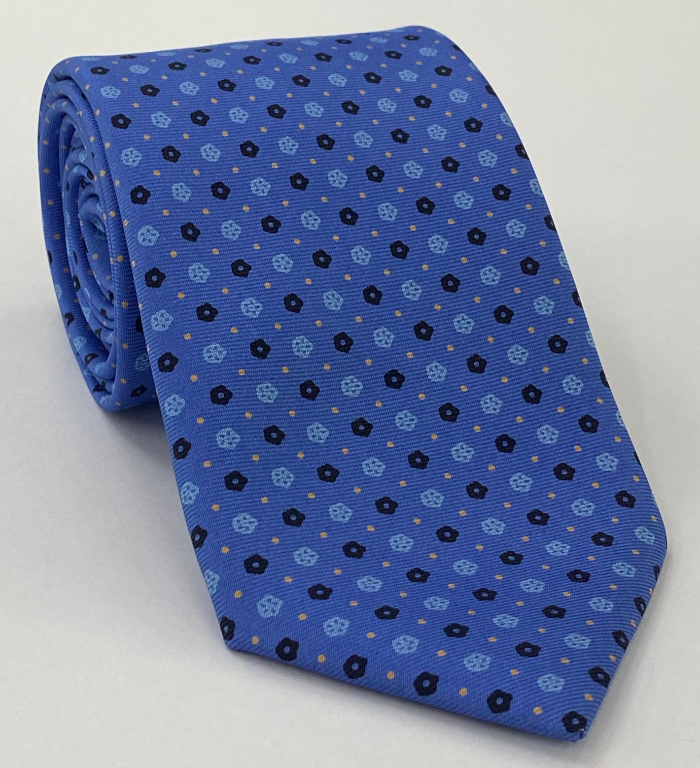 Midnight Blue,  Powder Blue & Yellow Gold on Sky Blue Macclesfield Print Pattern Silk Tie MCT-364