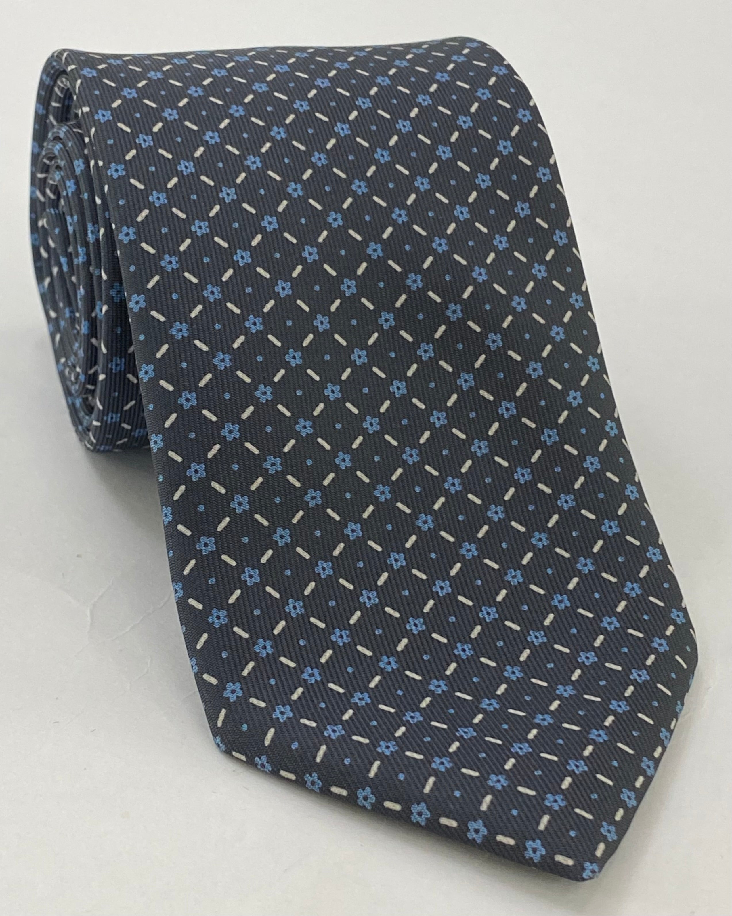 Sky Blue & Off-White on Dark Charcoal Gray Macclesfield Print Silk Tie MCT-370
