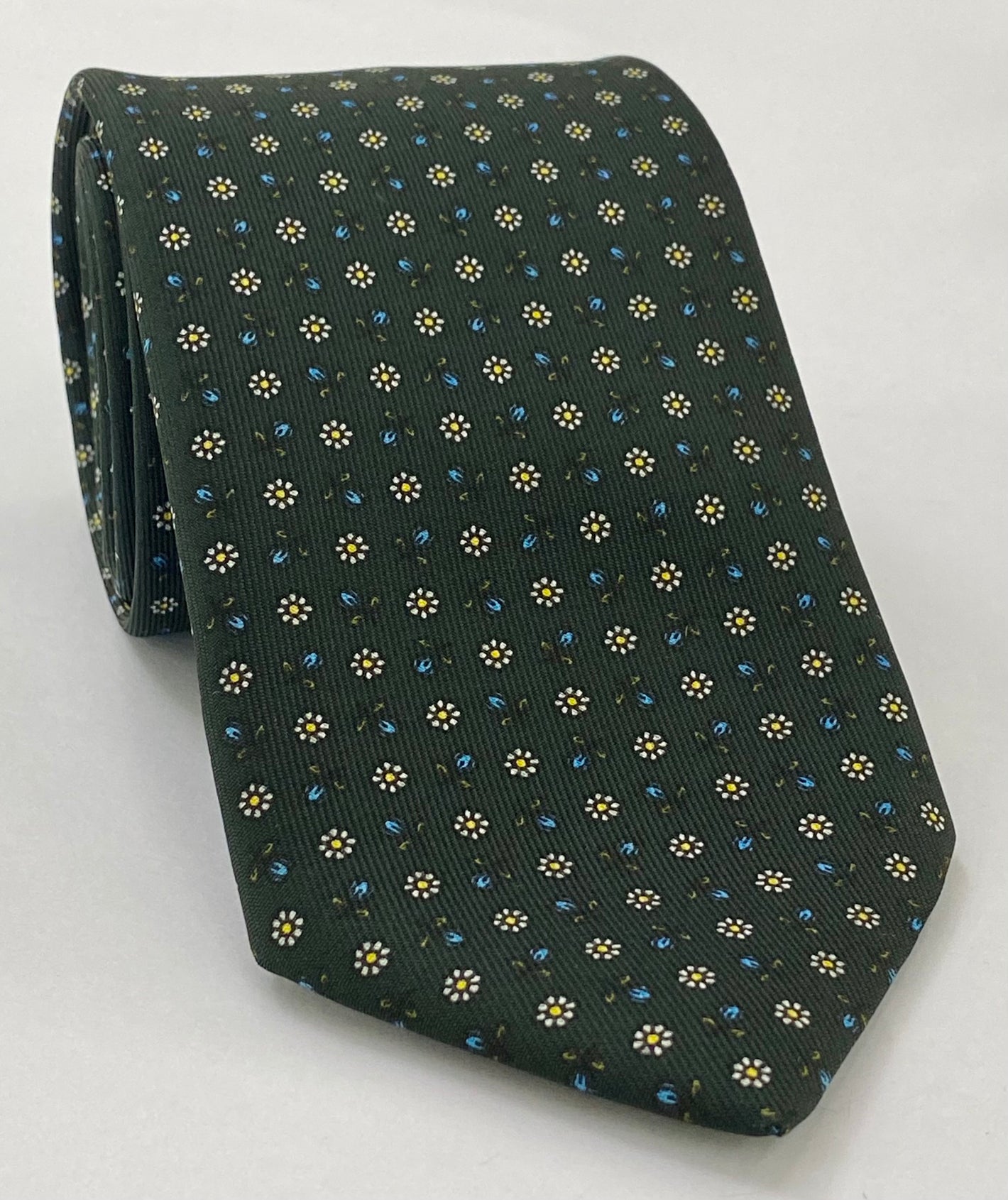 Sky Blue, Off-White & Yellow on Forest Green Macclesfield Print Silk Tie MCT-377