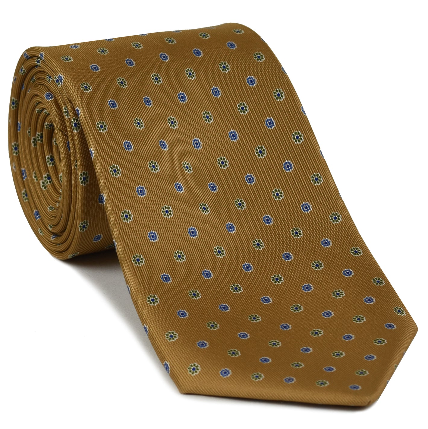 {[en]:Olive Green & Lavender on Dark Sienna Macclesfield Print Silk Tie