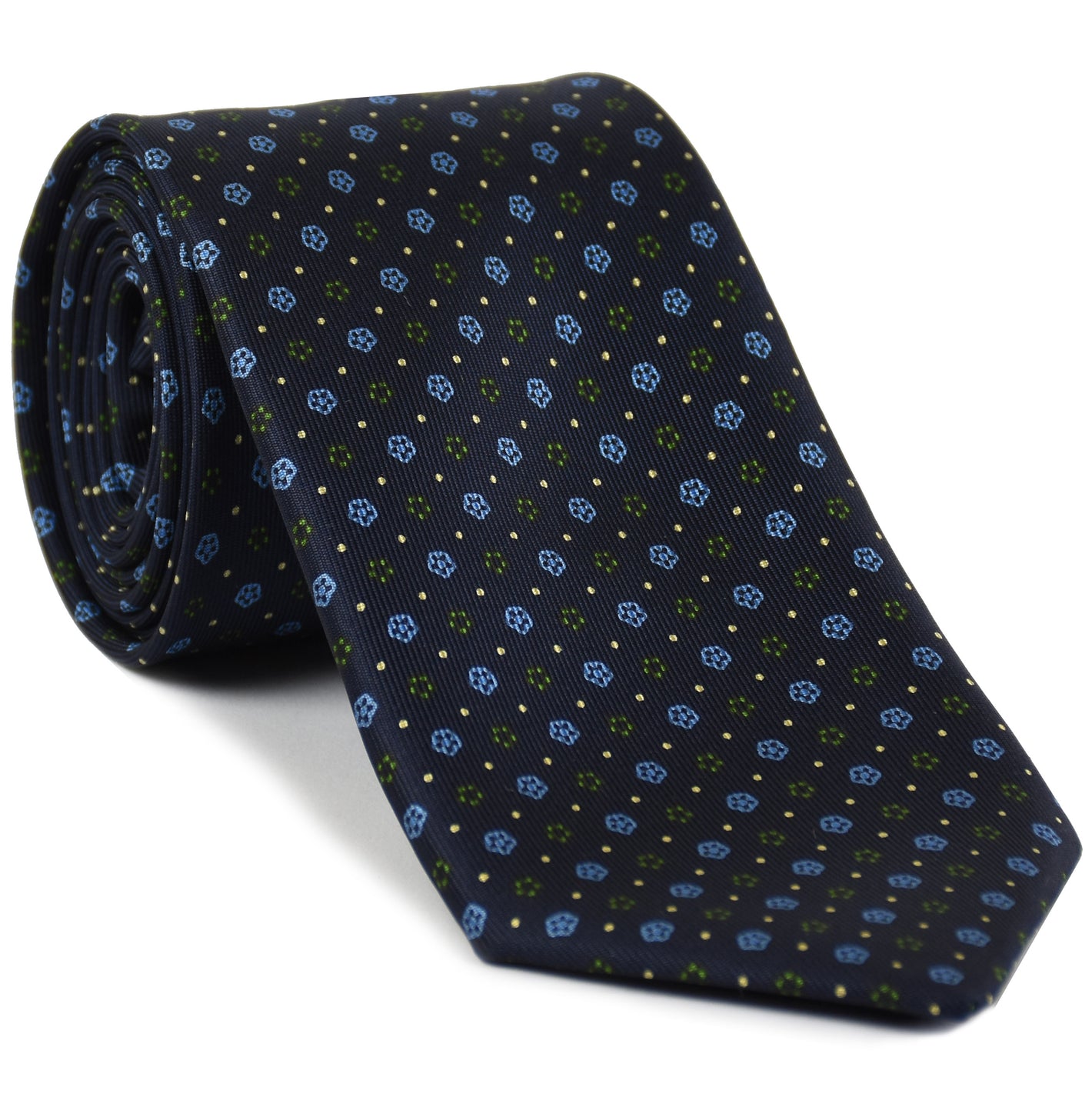 {[en]:Sky Blue, Off-White & Green on Midnight Blue Macclesfield Print Silk Tie