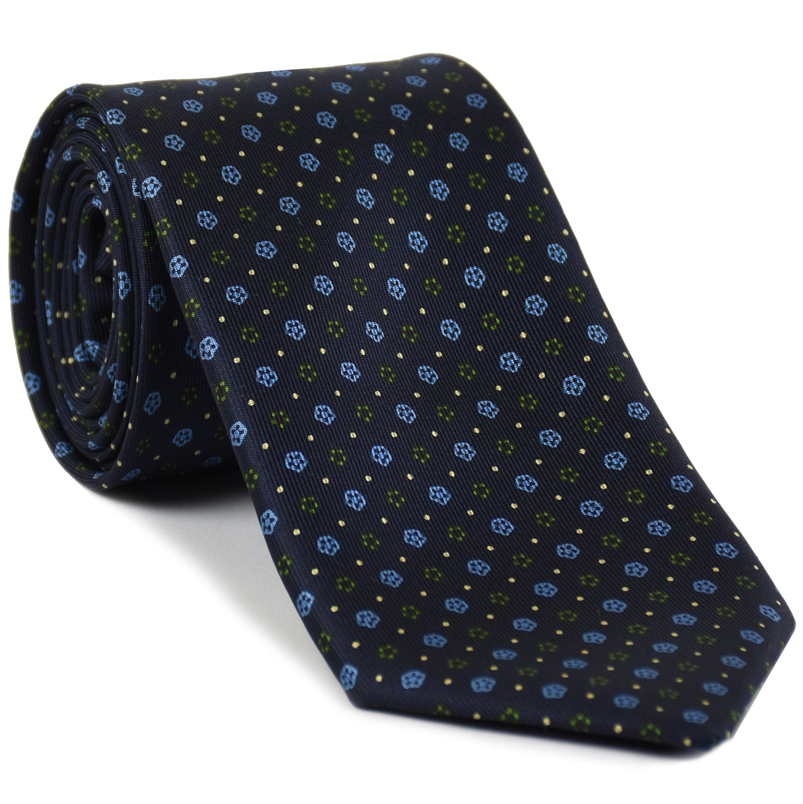 {[en]:Sky Blue, Off-White & Green on Midnight Blue Macclesfield Print Silk Tie