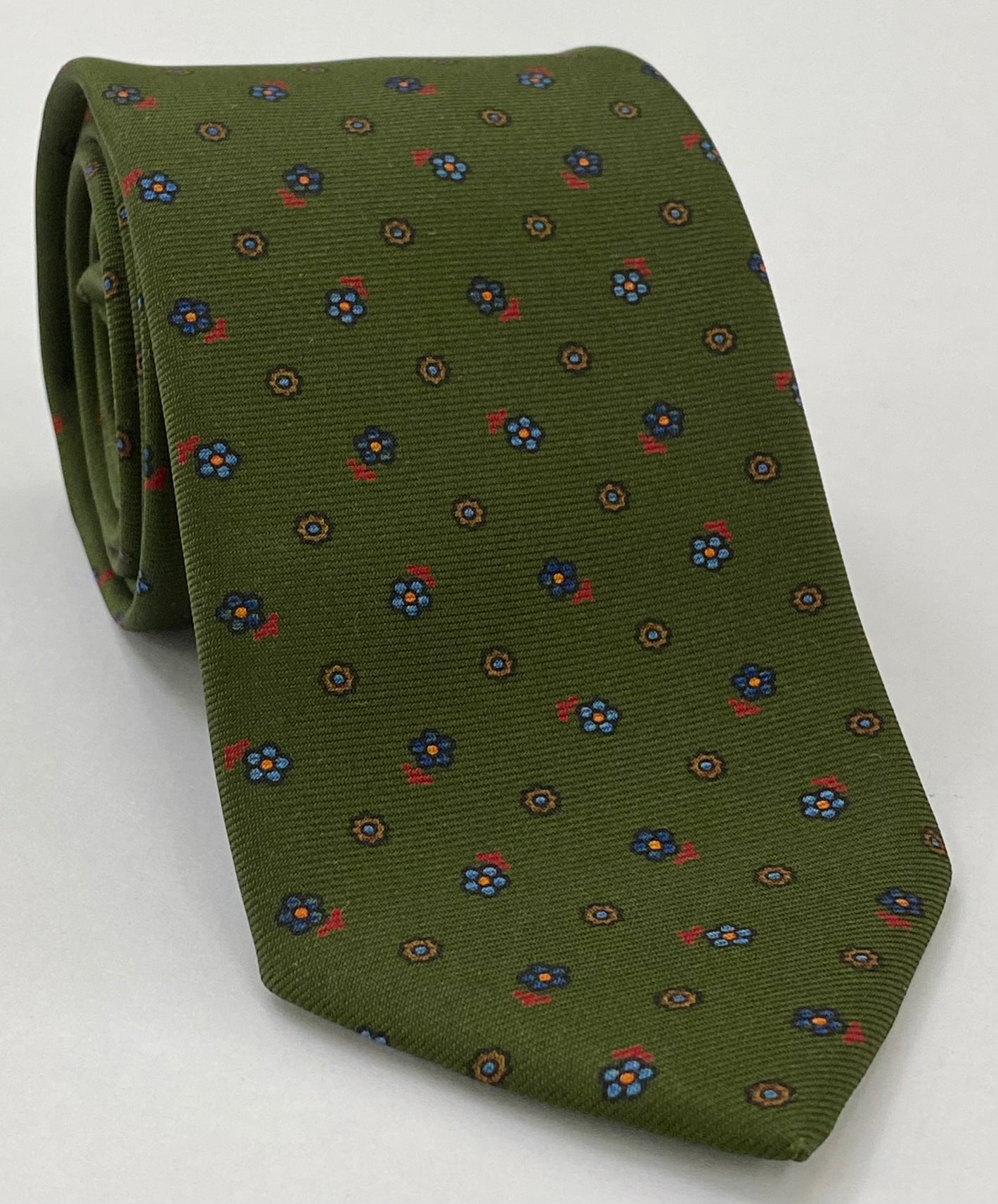Blue, Sky Blue & Red on Olive Green Macclesfield Print Silk Tie MCT-417