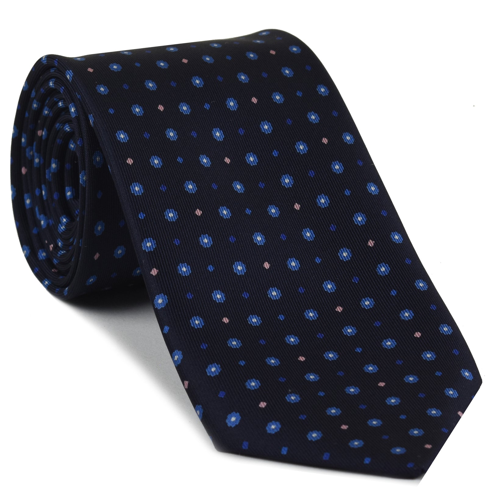 {[en]:Sky Blue, Blue, White & Soft Pink on Midnight Blue Macclesfield Print Silk Tie