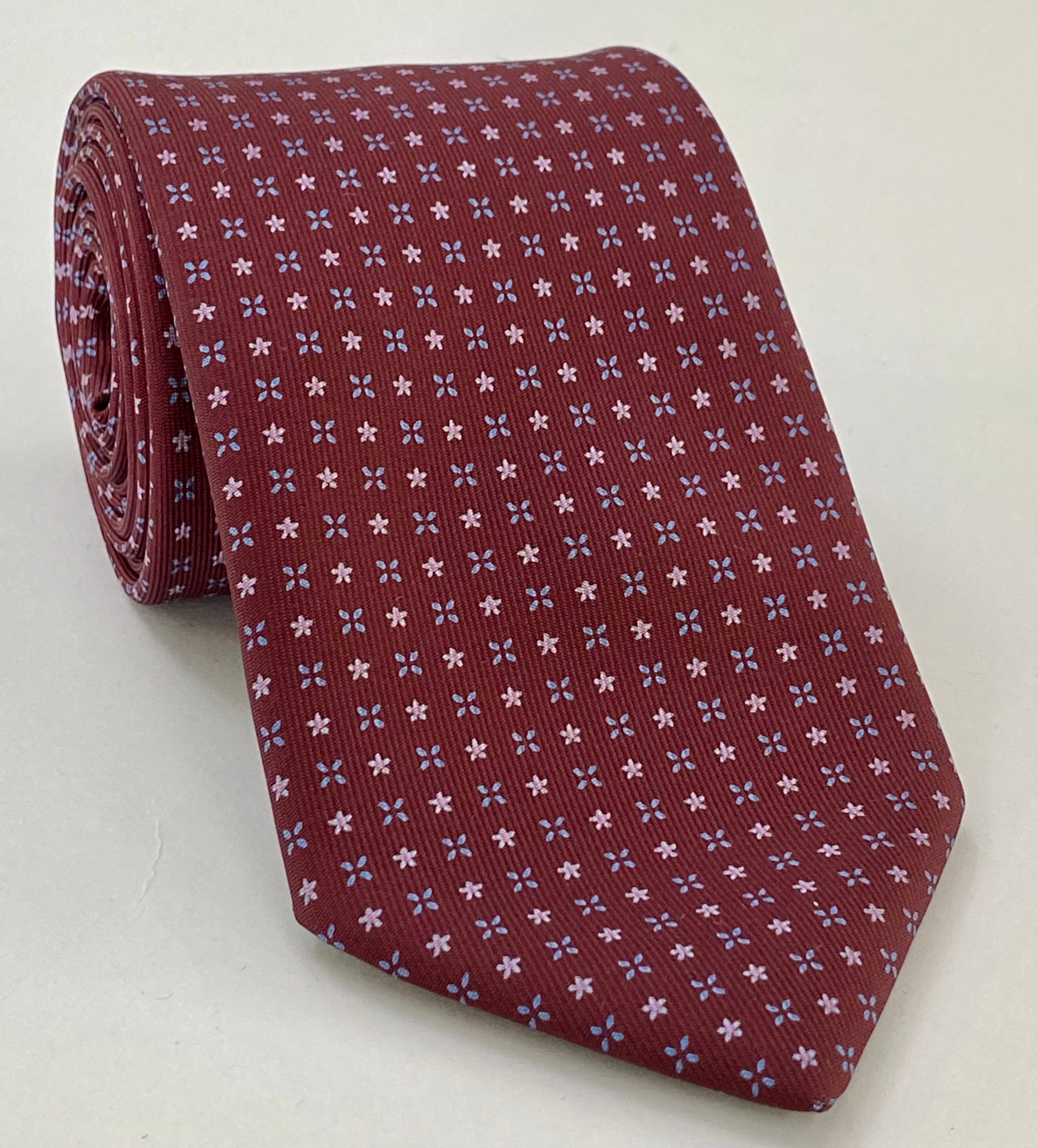 Sky Blue & Pink on Dark Red Macclesfield Print Silk Tie MCT-423