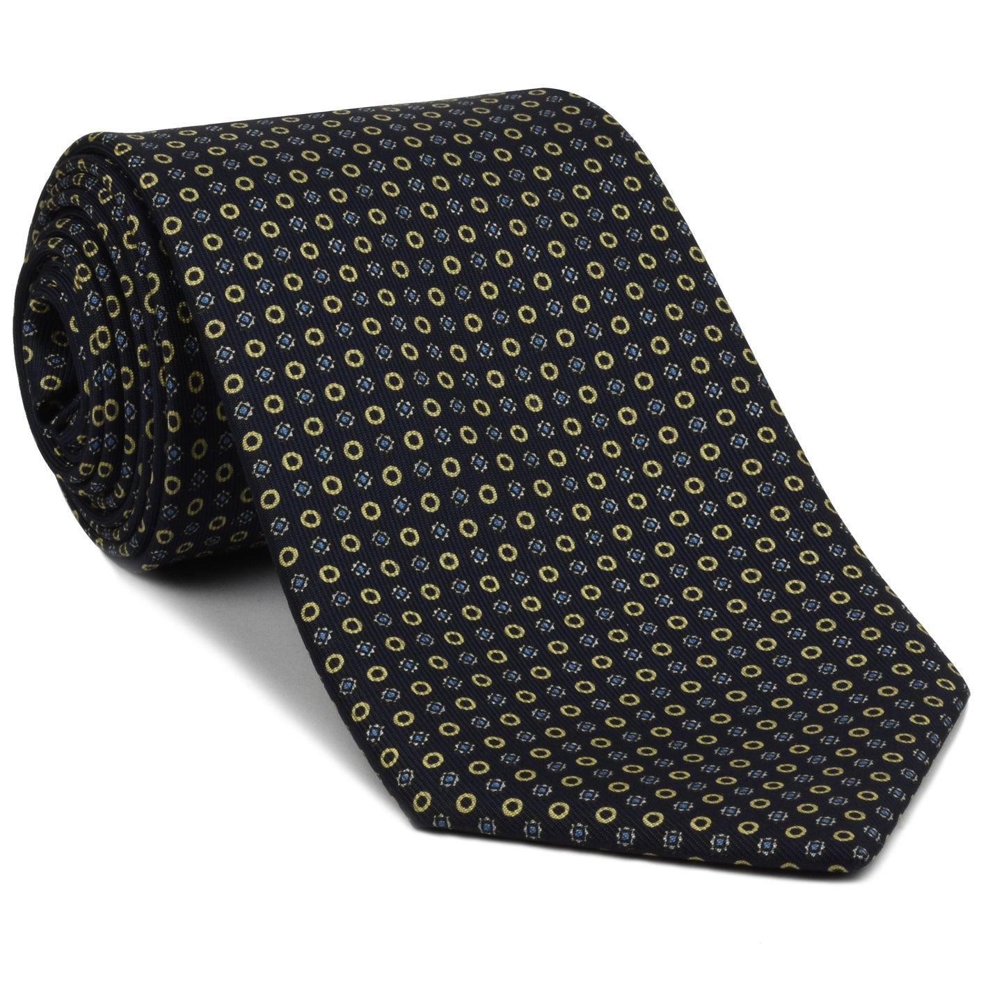 {[en]:Sky Blue, Off-White & Soft Gold on Midnight Blue Macclesfield Print Silk Tie