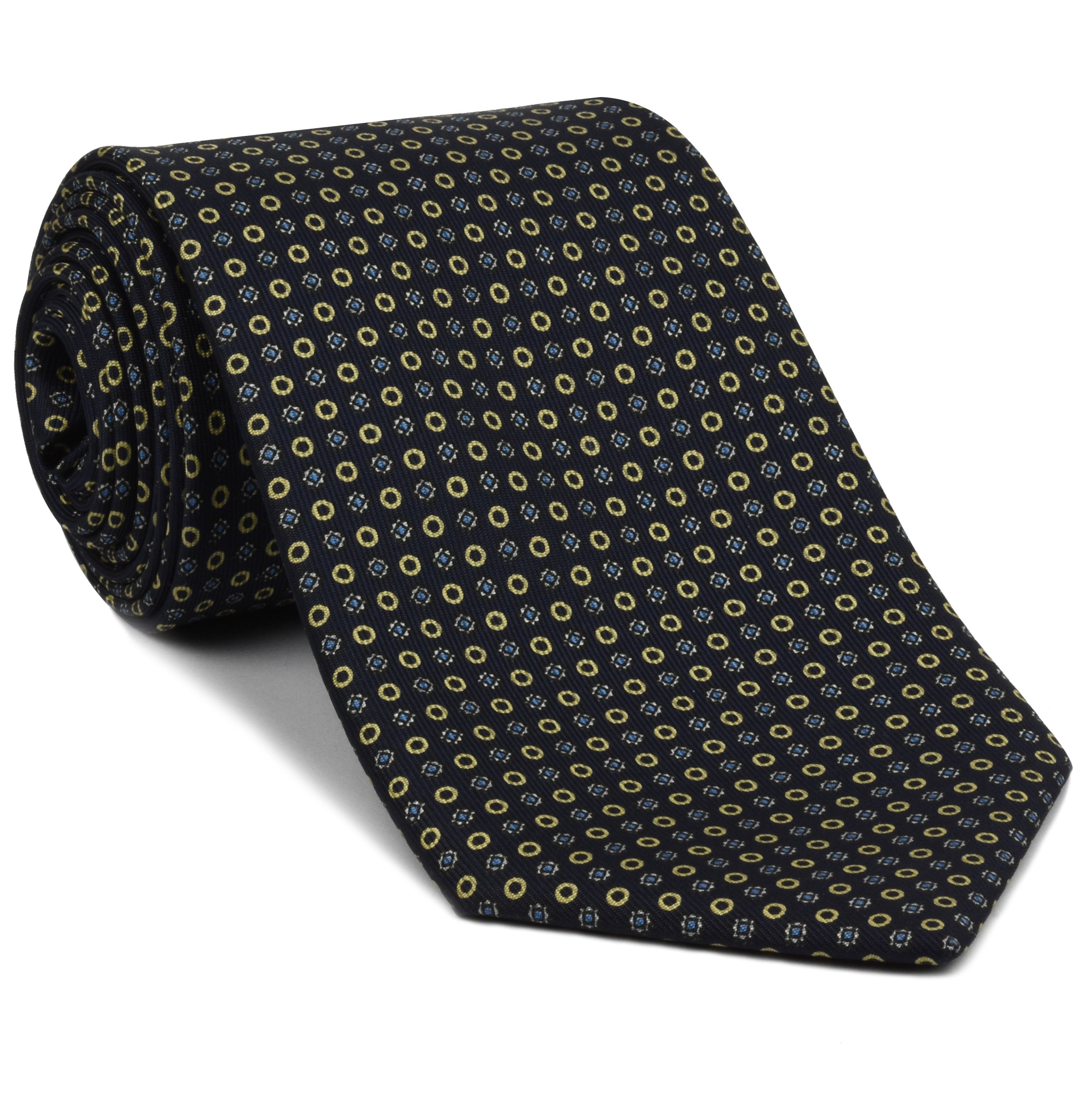 {[en]:Sky Blue, Off-White & Soft Gold on Midnight Blue Macclesfield Print Silk Tie