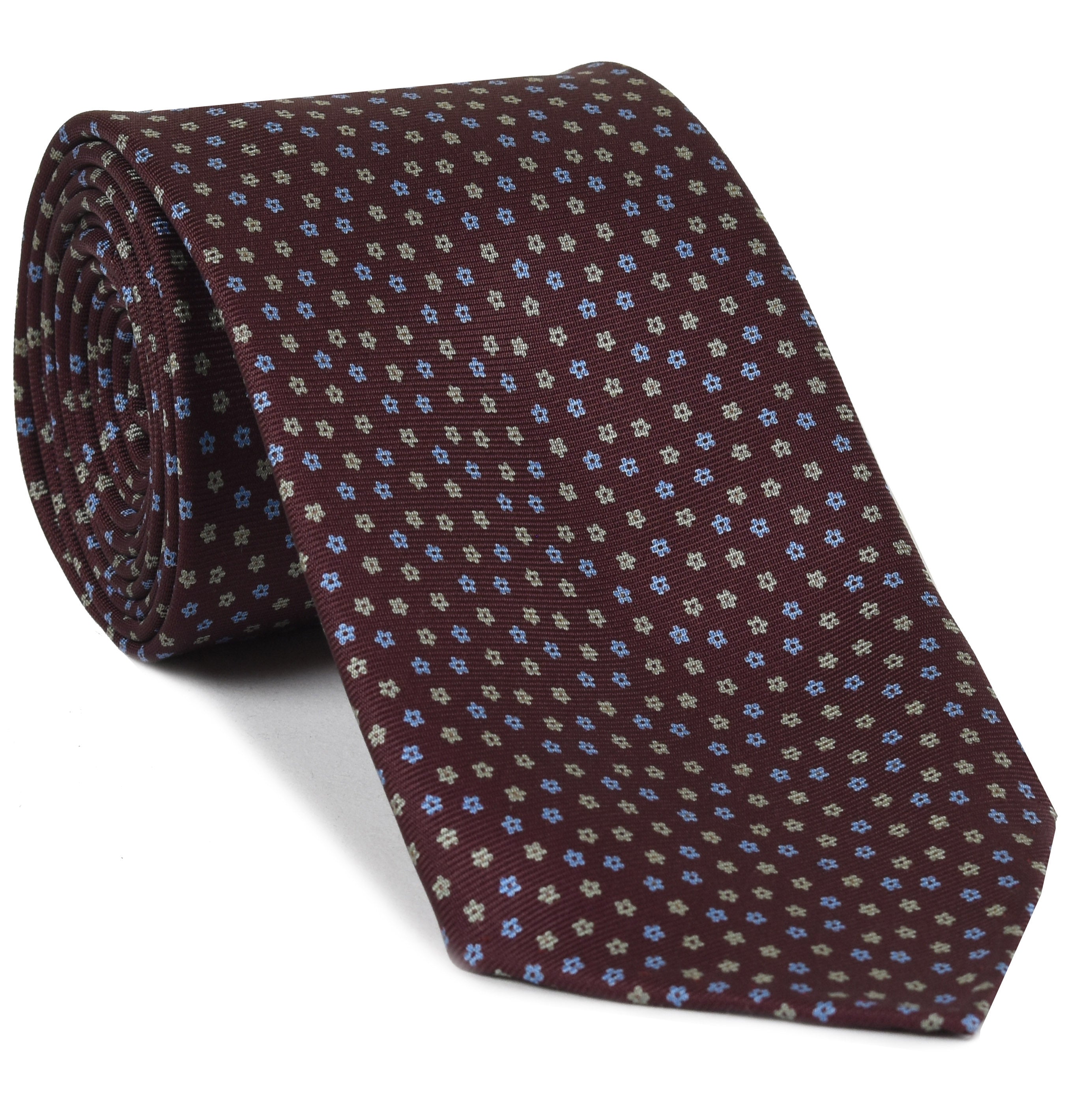{[en]:Sky Blue & Cream on Burgundy Macclesfield Print Silk Tie
