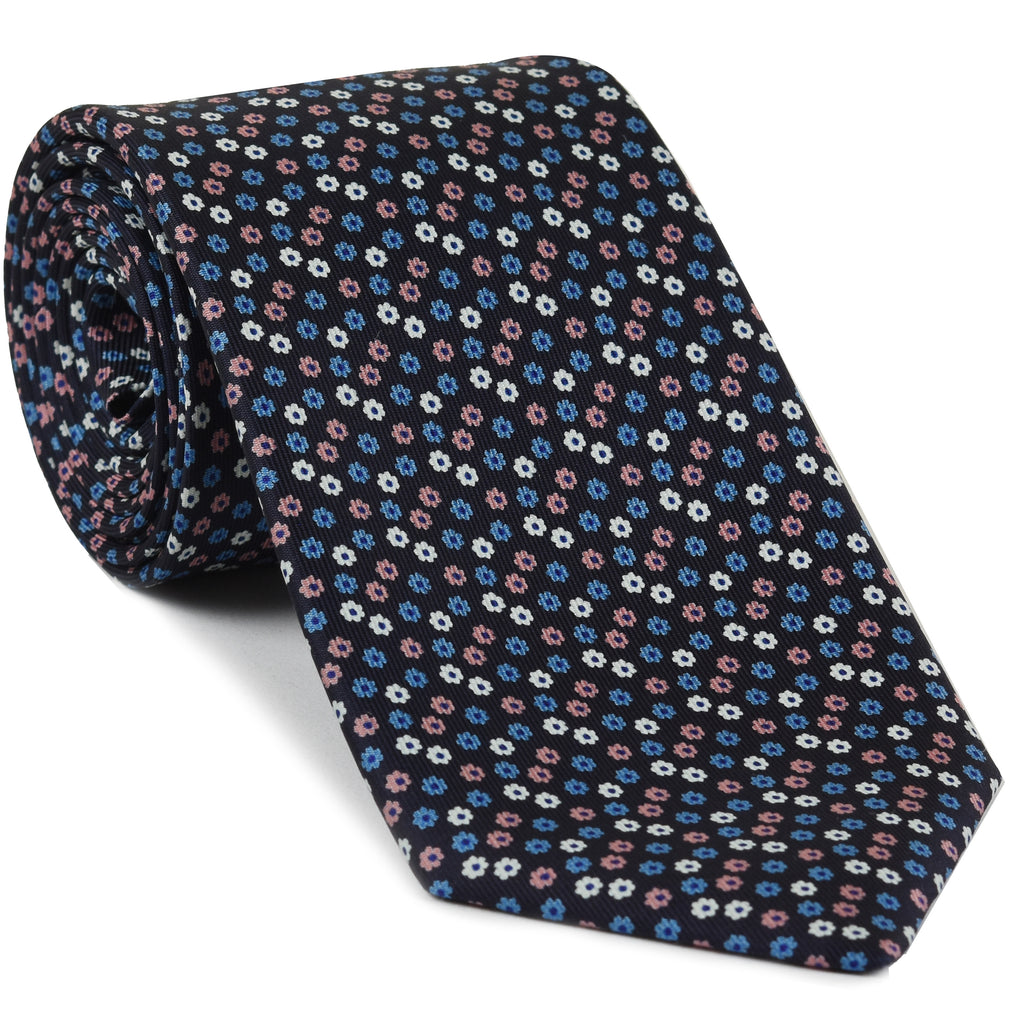 {[en]:Sky Blue, Blue, Pink & White on Midnight Blue Macclesfield Print Silk Tie
