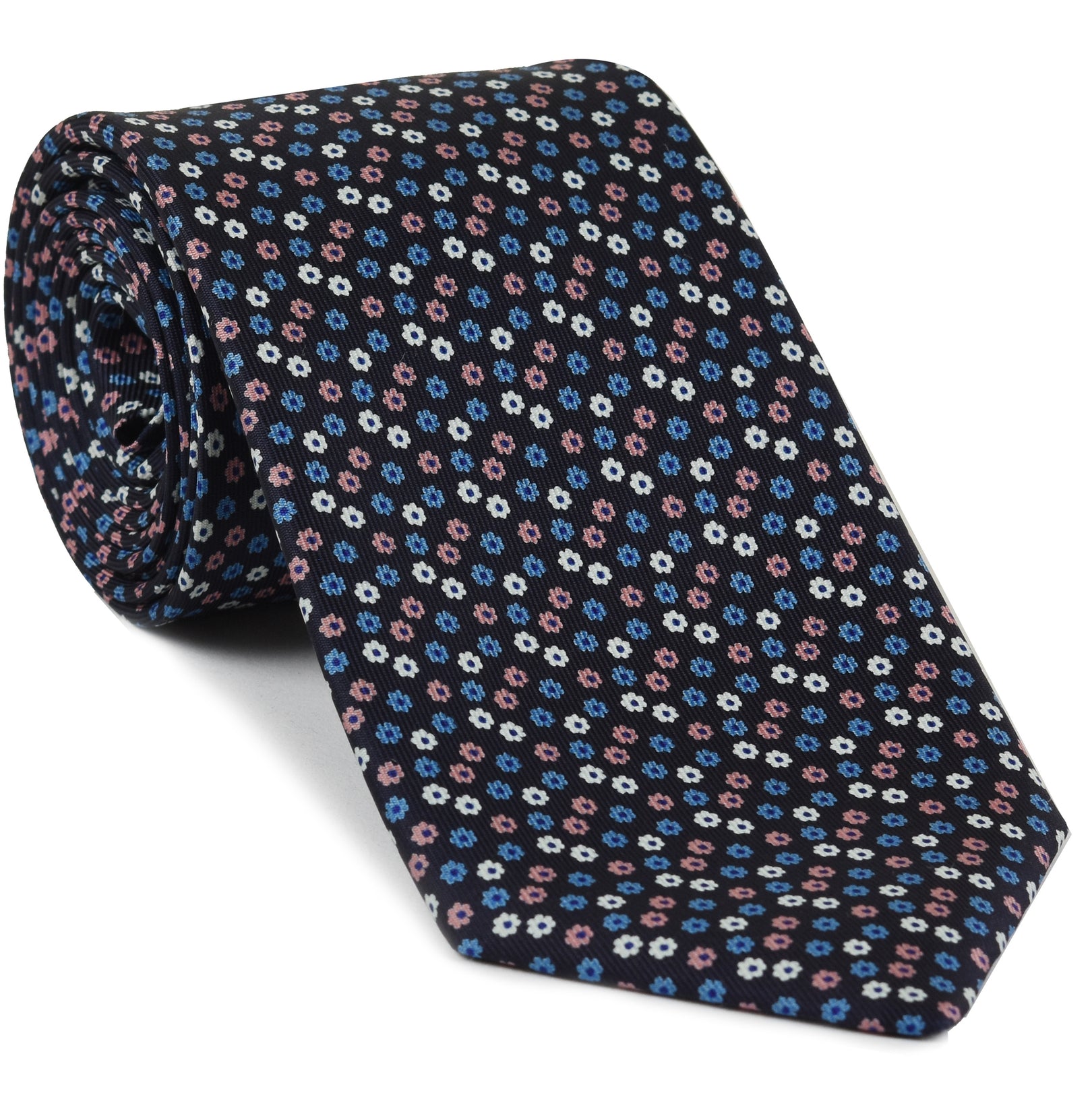 {[en]:Sky Blue, Blue, Pink & White on Midnight Blue Macclesfield Print Silk Tie