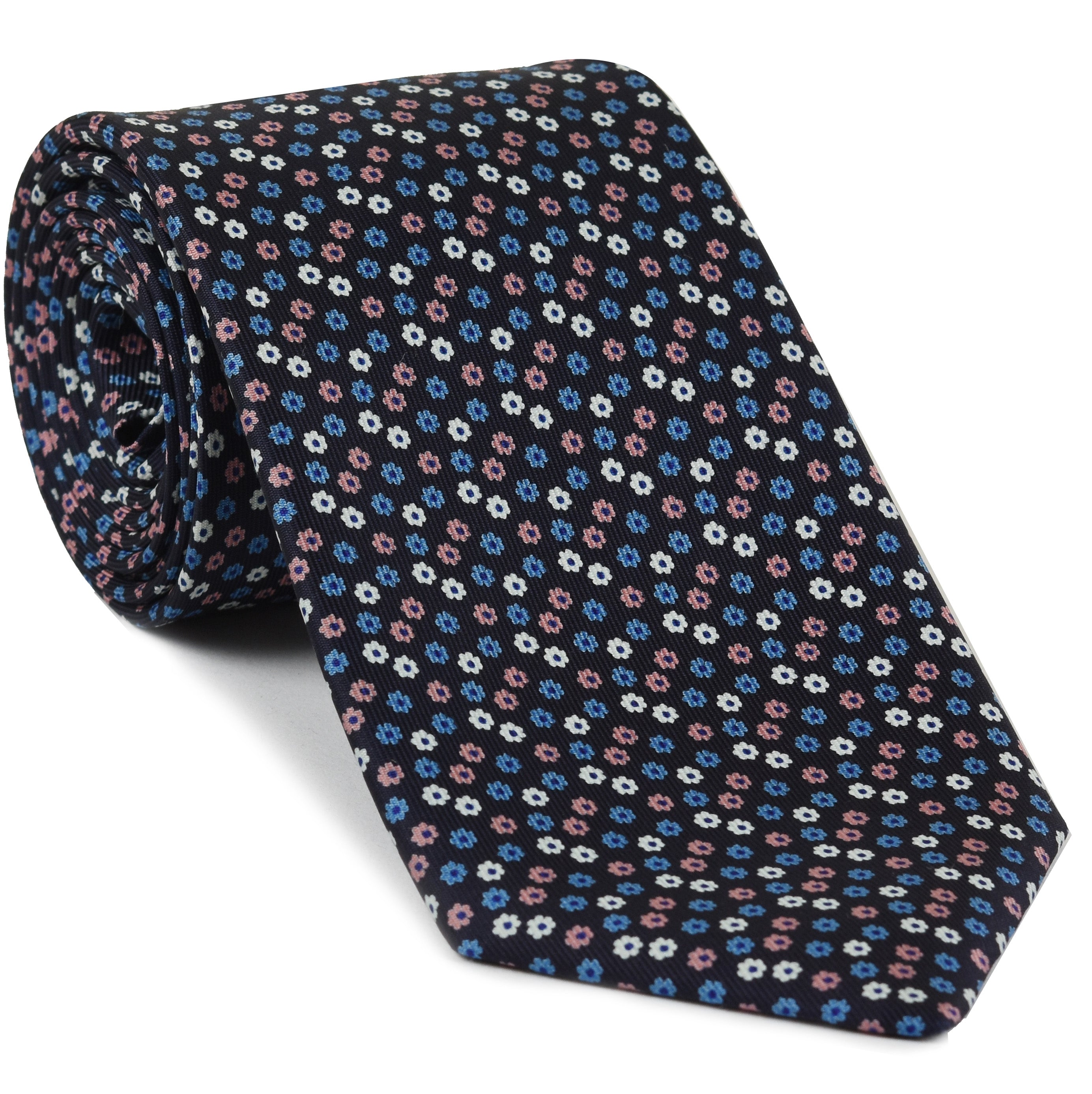 {[en]:Sky Blue, Blue, Pink & White on Midnight Blue Macclesfield Print Silk Tie