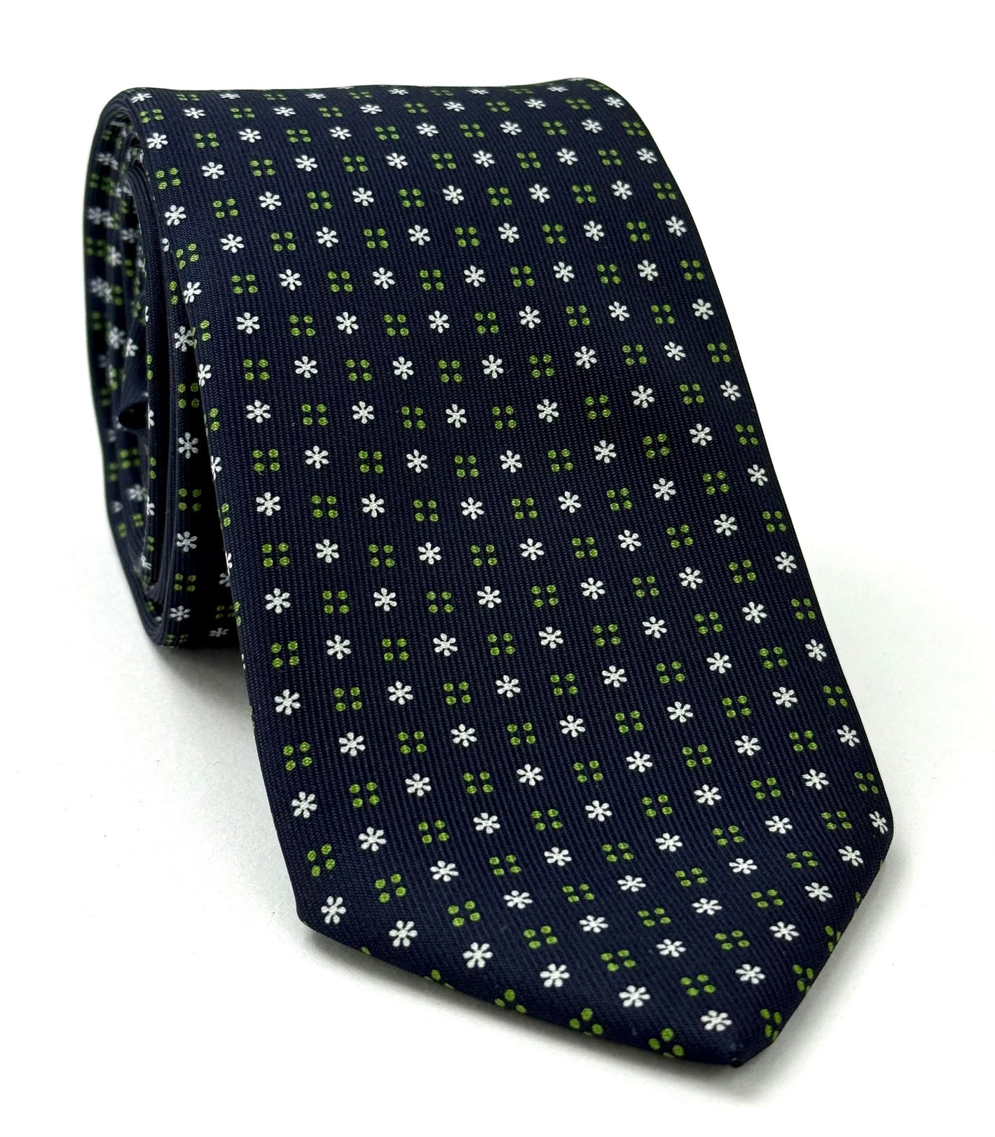 White & Green on Midnight Blue Macclesfield Print Pattern Silk Tie MCT-435