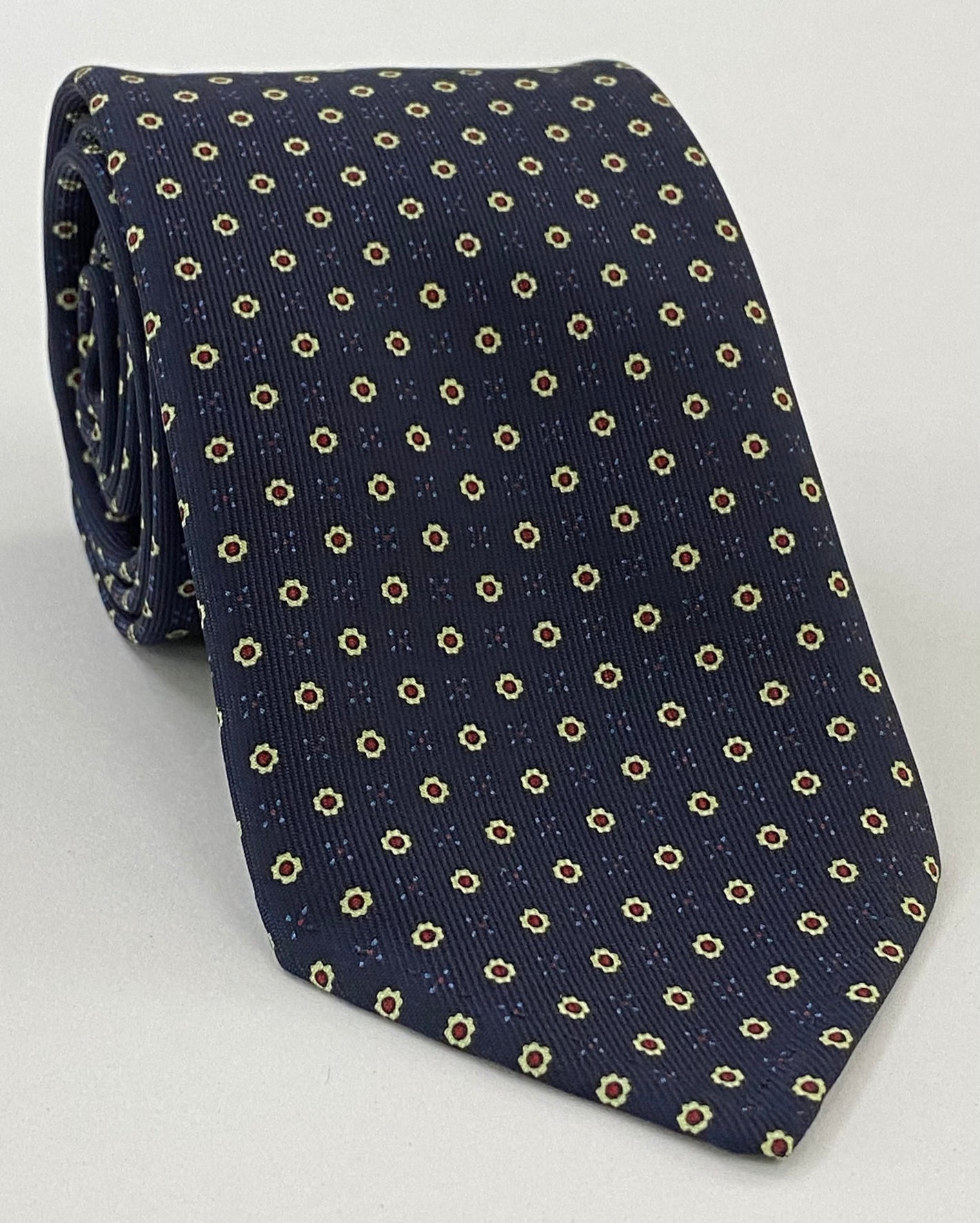 Sky Blue, Red & Off-White on Midnight Blue Macclesfield Print Pattern Silk Tie MCT-437