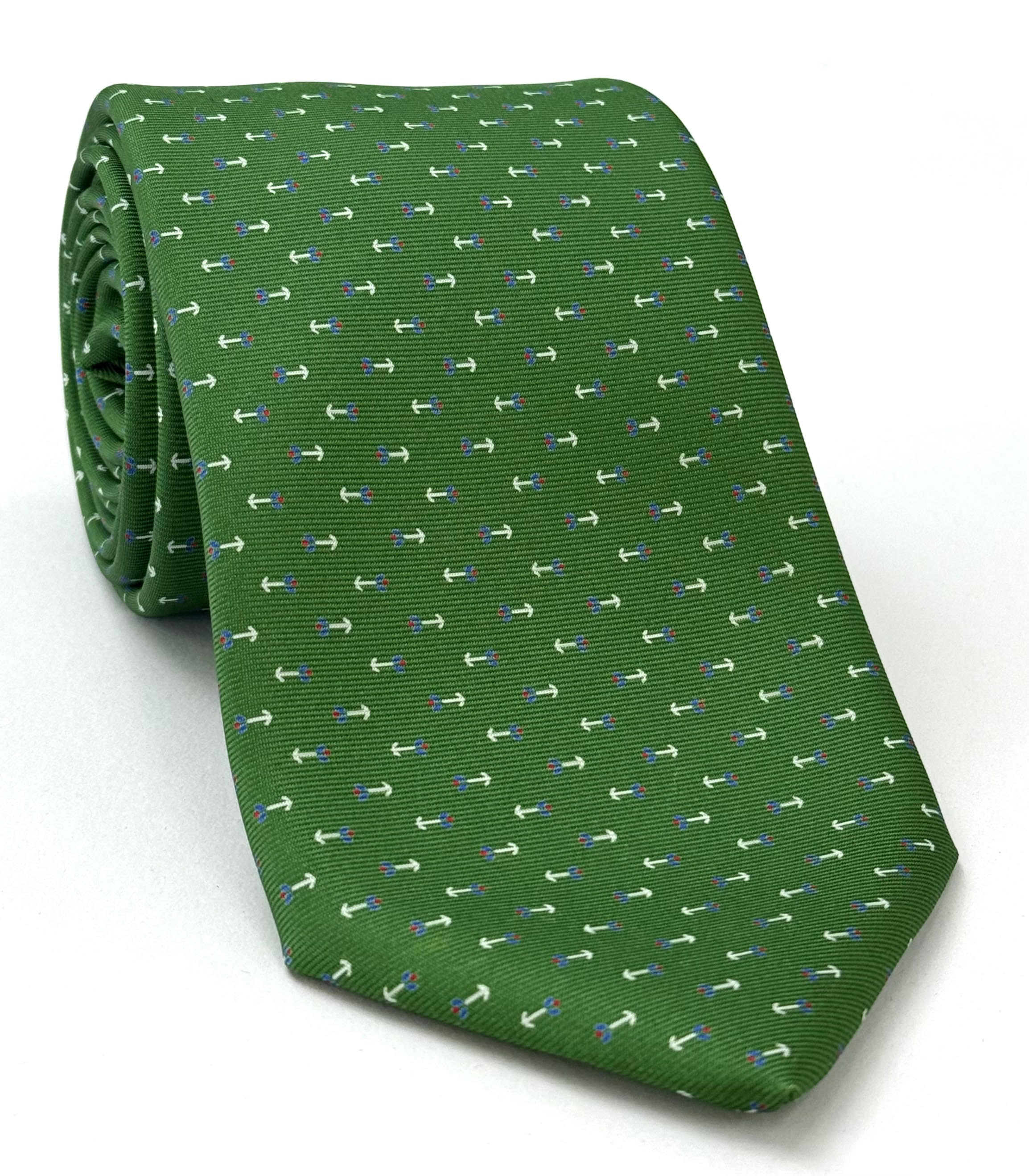 Red, Blue & White on Green Macclesfield Print Pattern Silk Tie MCT-440