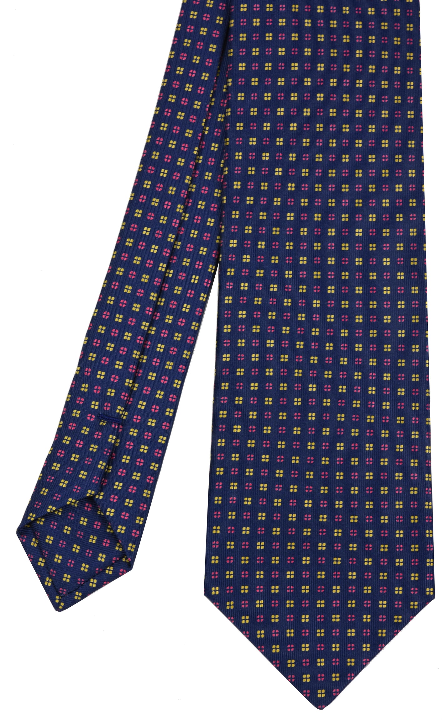 {[en]:Yellow Gold & Pink on Dark Navy Blue Macclesfield Print Pattern Silk Tie
