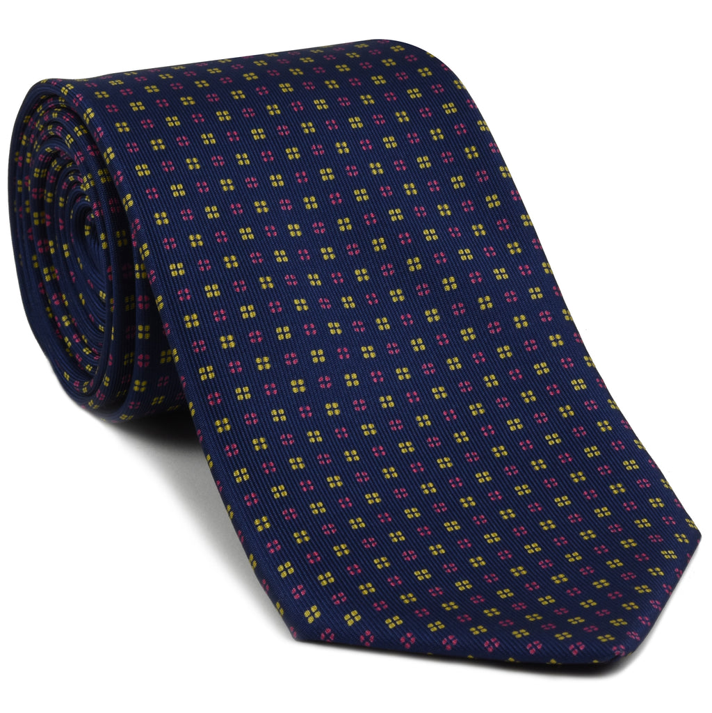 {[en]:Yellow Gold & Pink on Dark Navy Blue Macclesfield Print Pattern Silk Tie