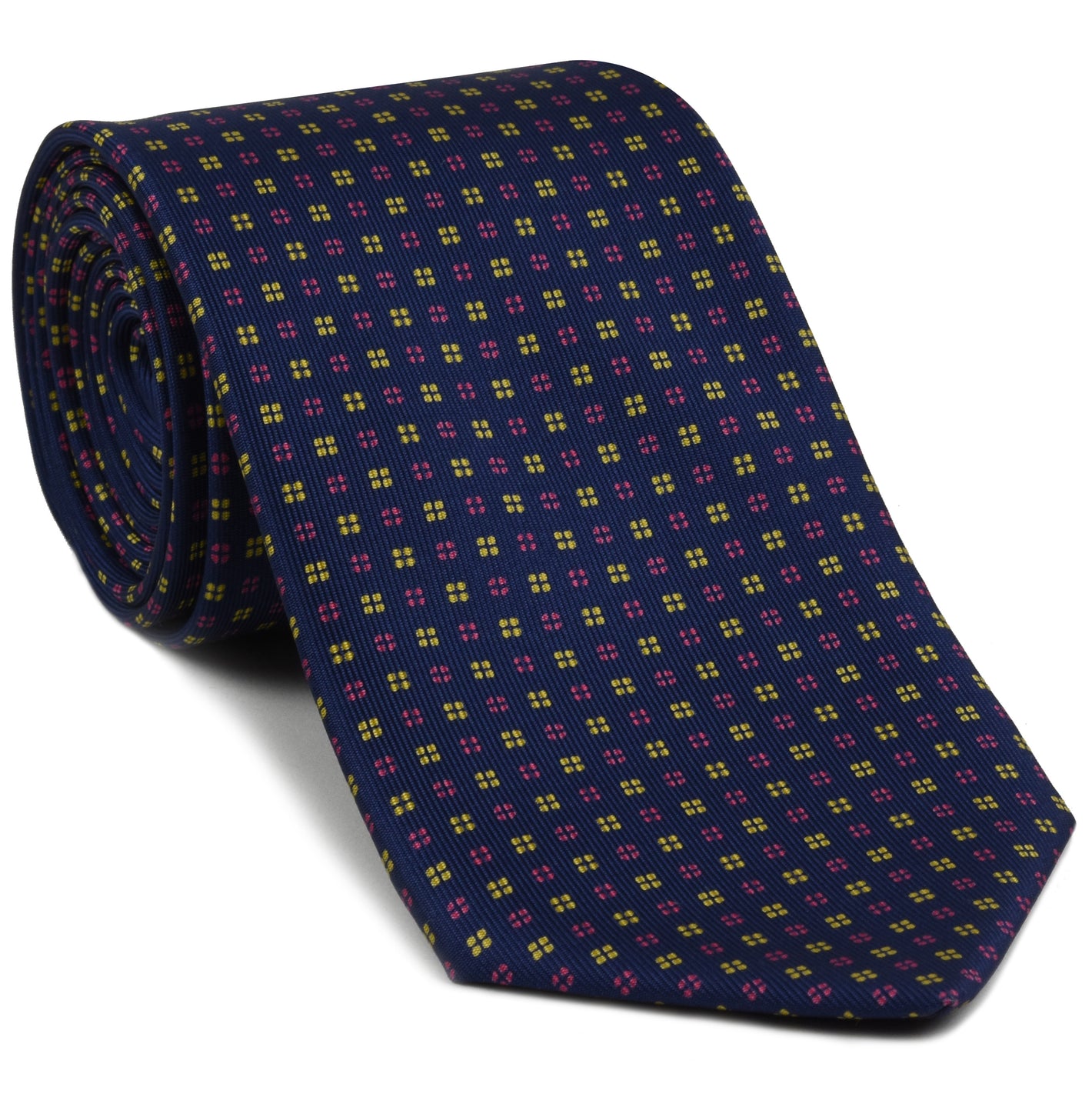 {[en]:Yellow Gold & Pink on Dark Navy Blue Macclesfield Print Pattern Silk Tie