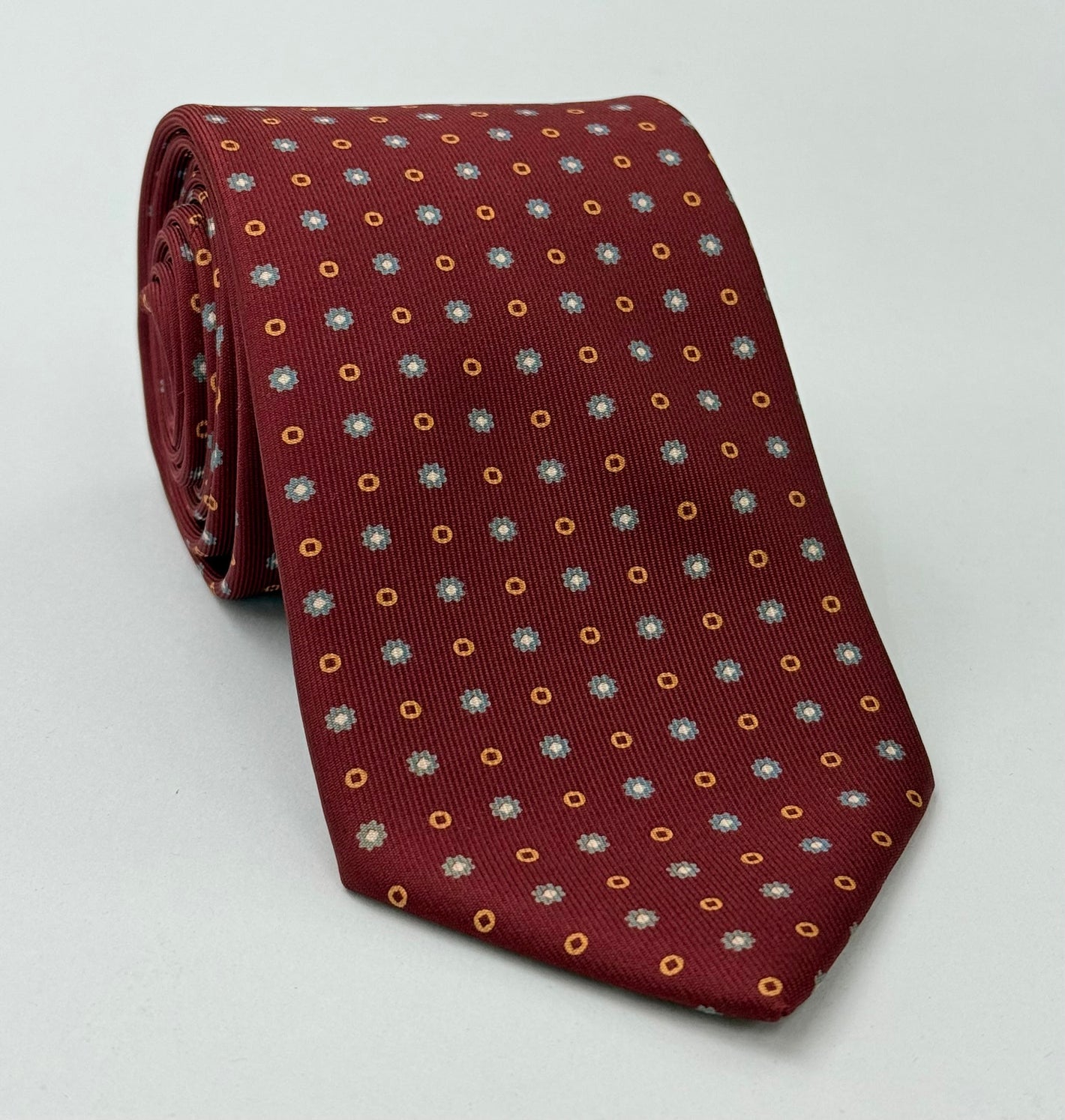 Gold, White & Slate Blue on Dark Red Macclesfield Print Pattern Silk Tie MCT-447