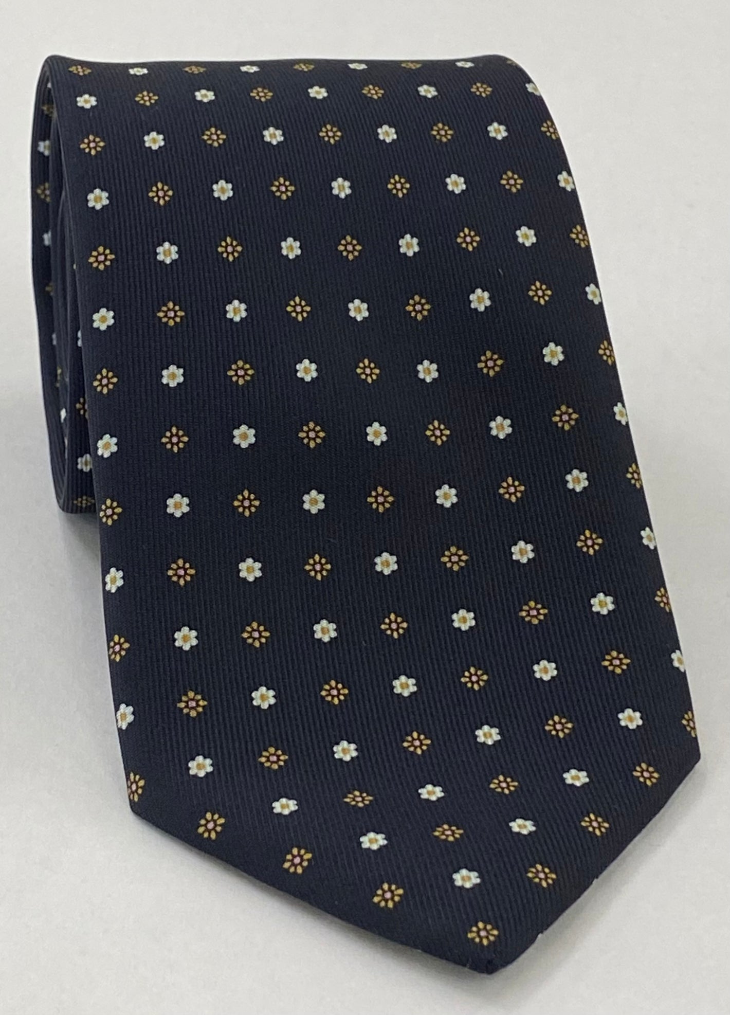 Gold & White on Midnight Blue Macclesfield Print Pattern Silk Tie MCT-448